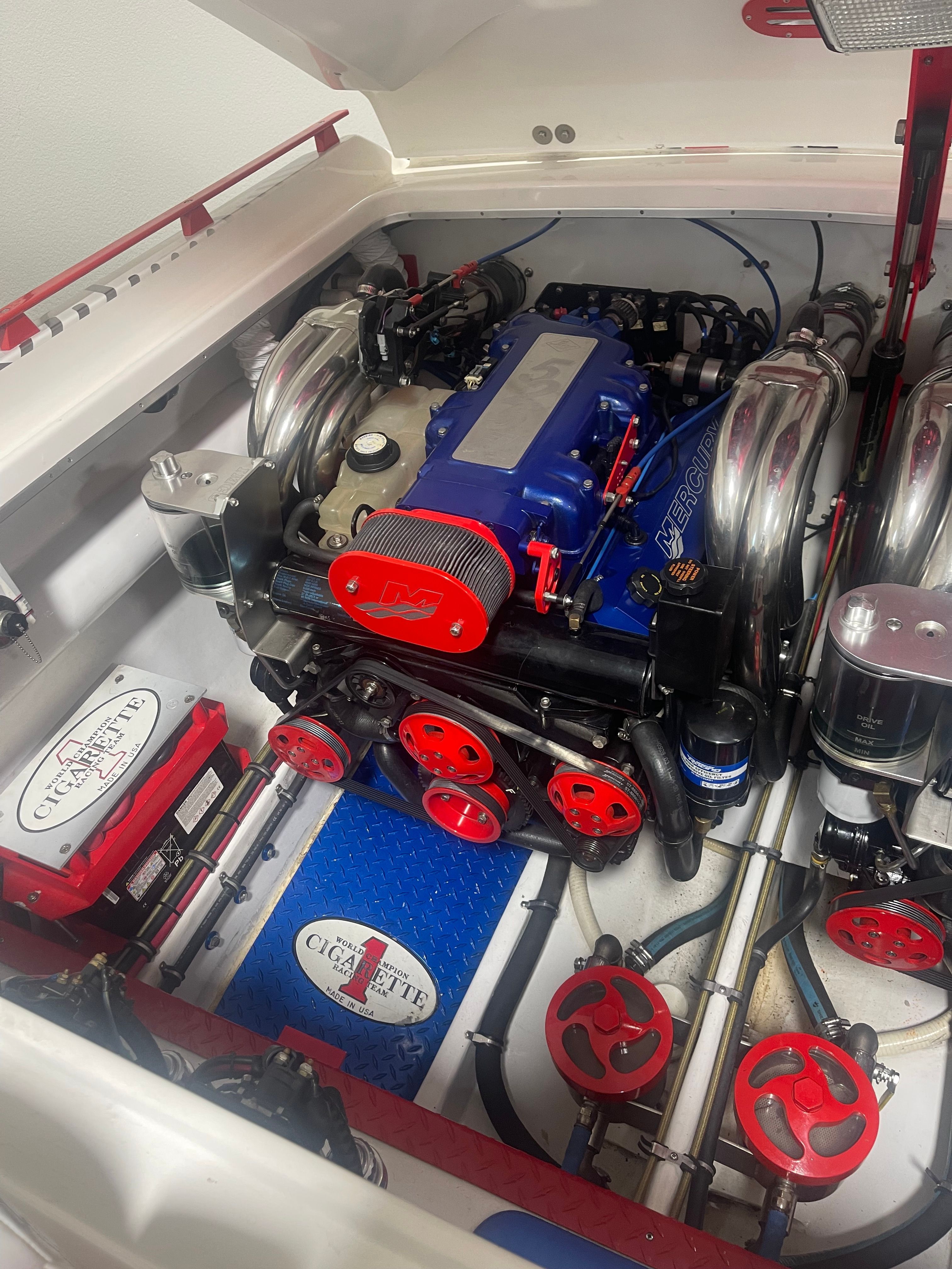 Engine compartment of a 2004 Cigarette 38' Top Gun boat.