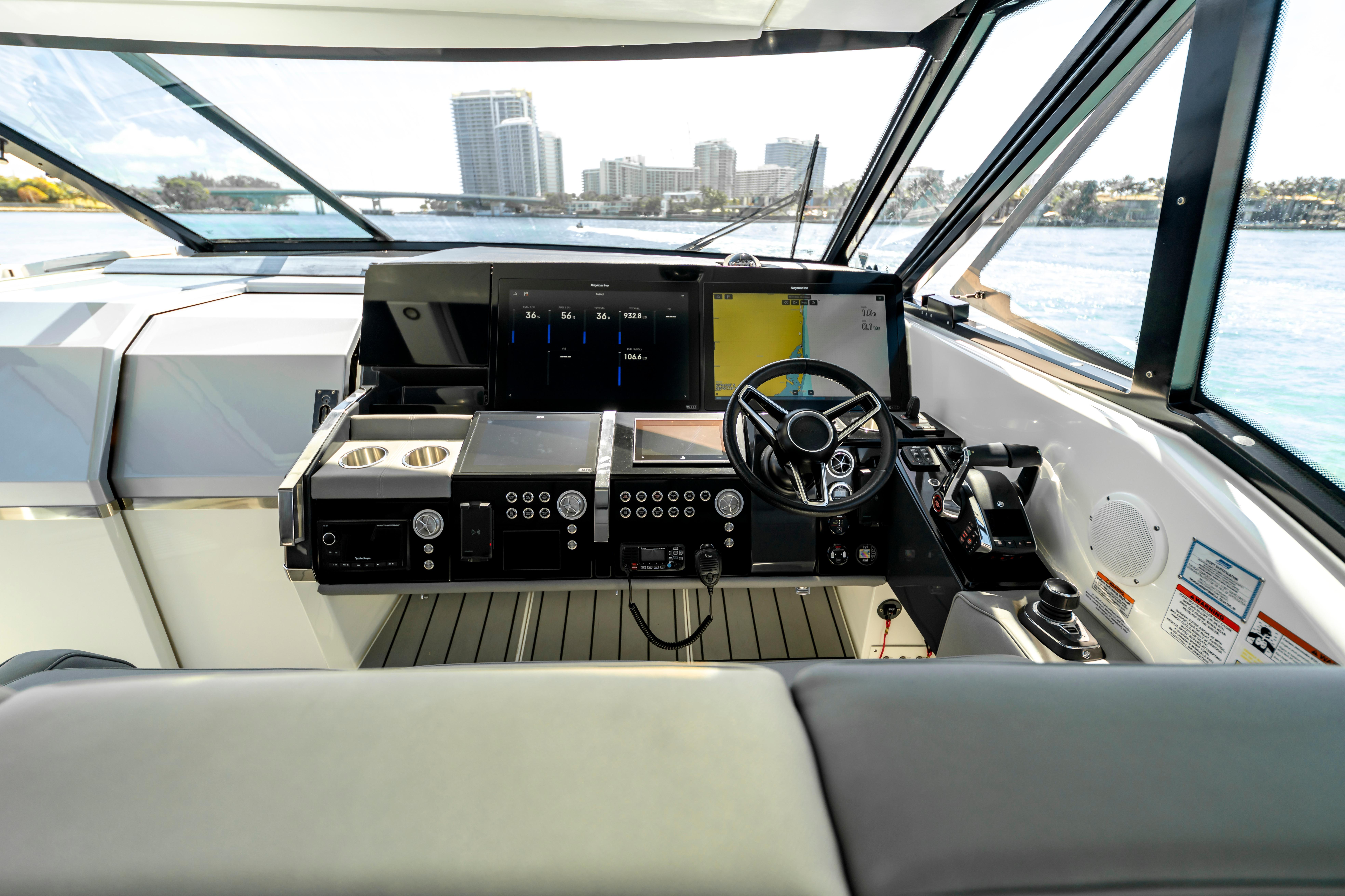 Interior cockpit of 2022 Formula 500 Super Sport Crossover boat, featuring modern controls and navigation.