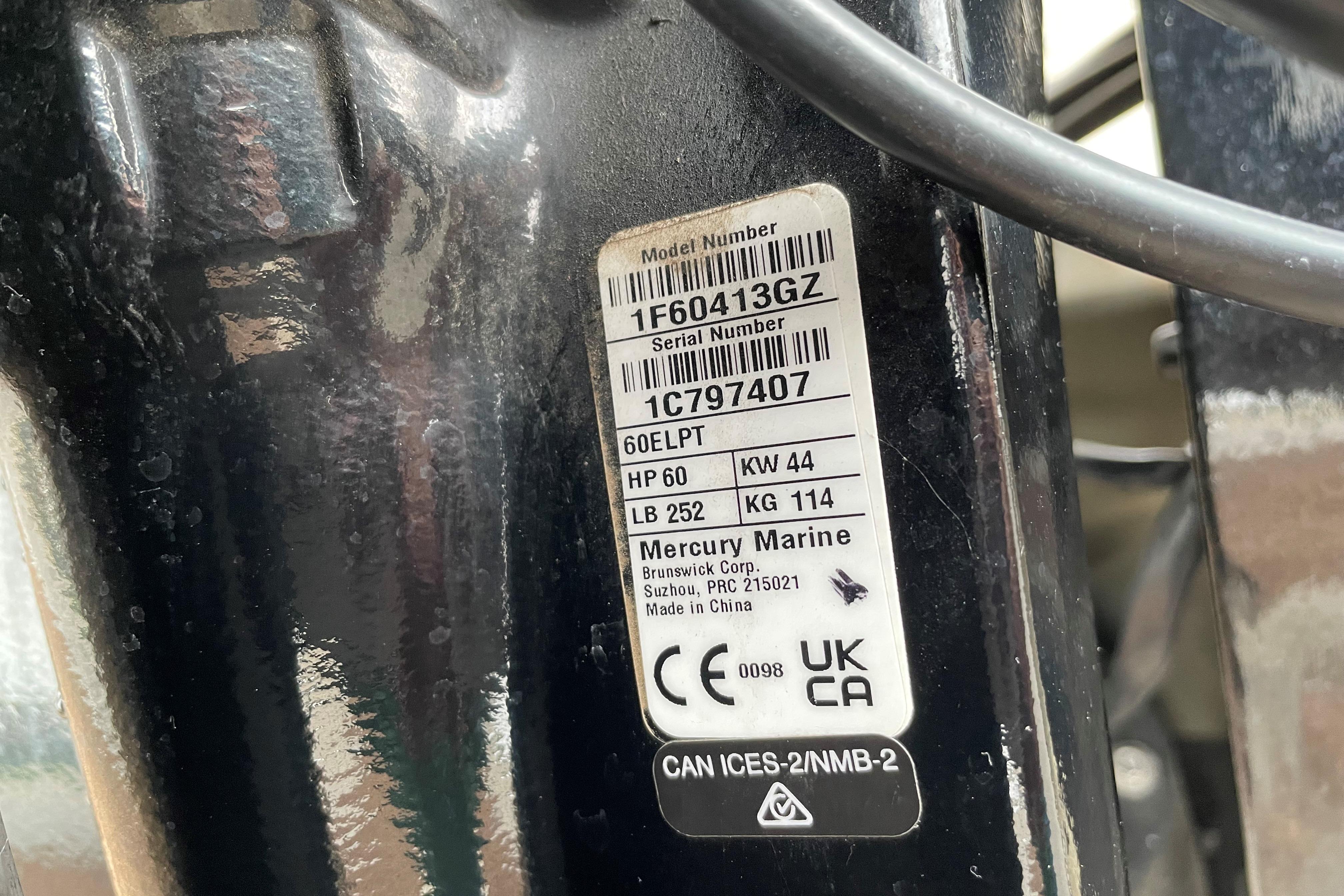 Label on 2025 Tracker Grizzly 1754 SC, Mercury Marine engine specifications.