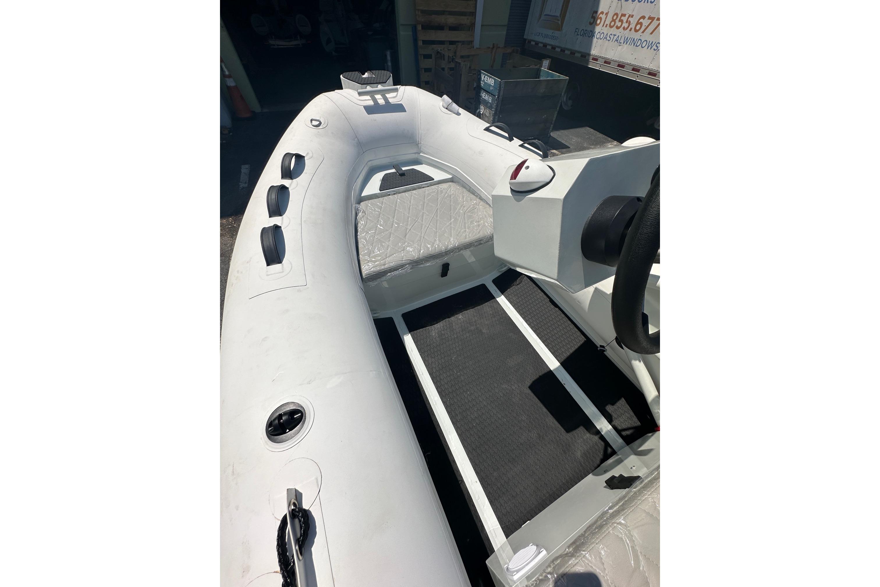 2026 East Marine NEW 320 inflatable boat with Linergy electric motor, interior view.