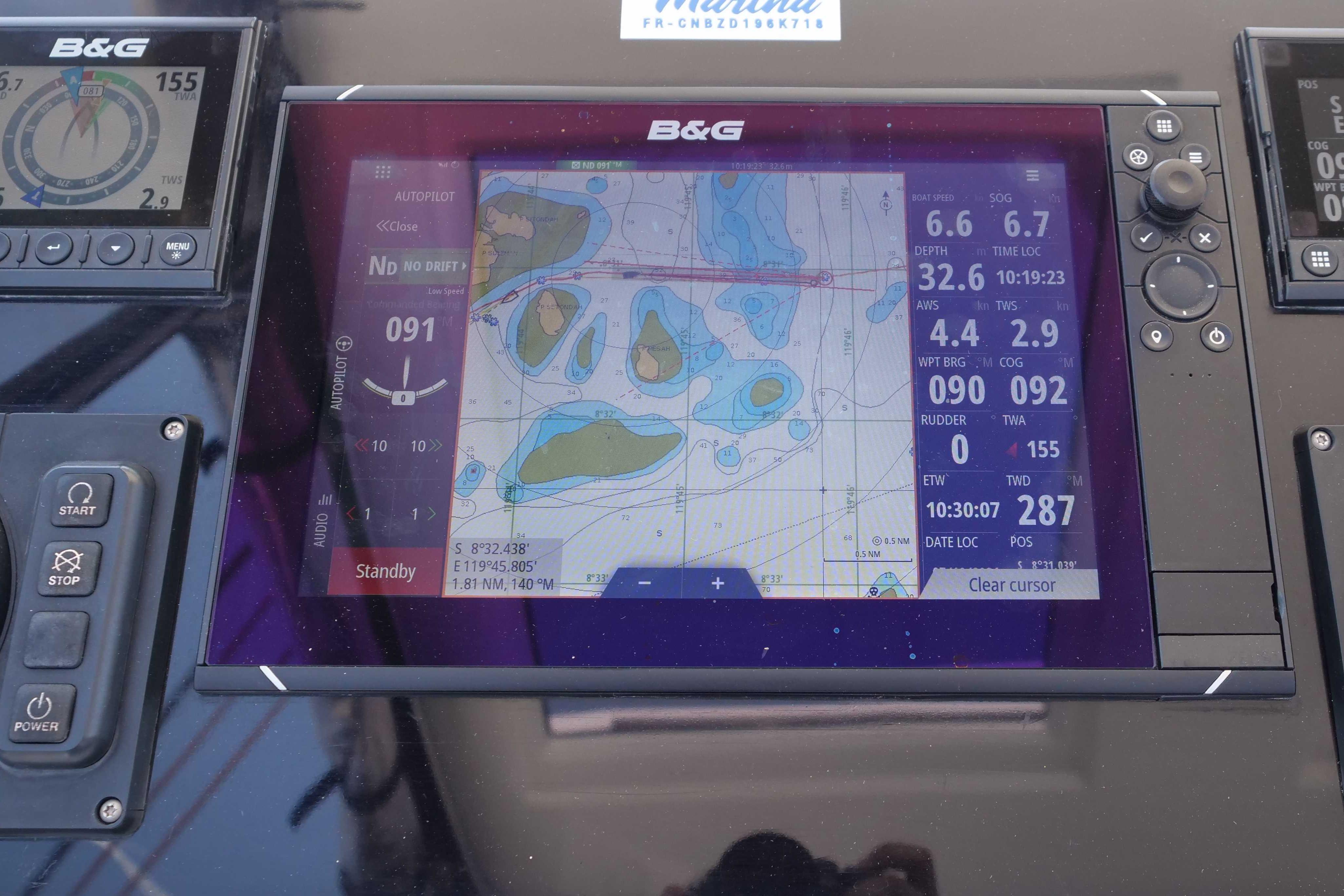 B&G navigation display on a 2018 Lagoon 42 catamaran, showing nautical charts and data.