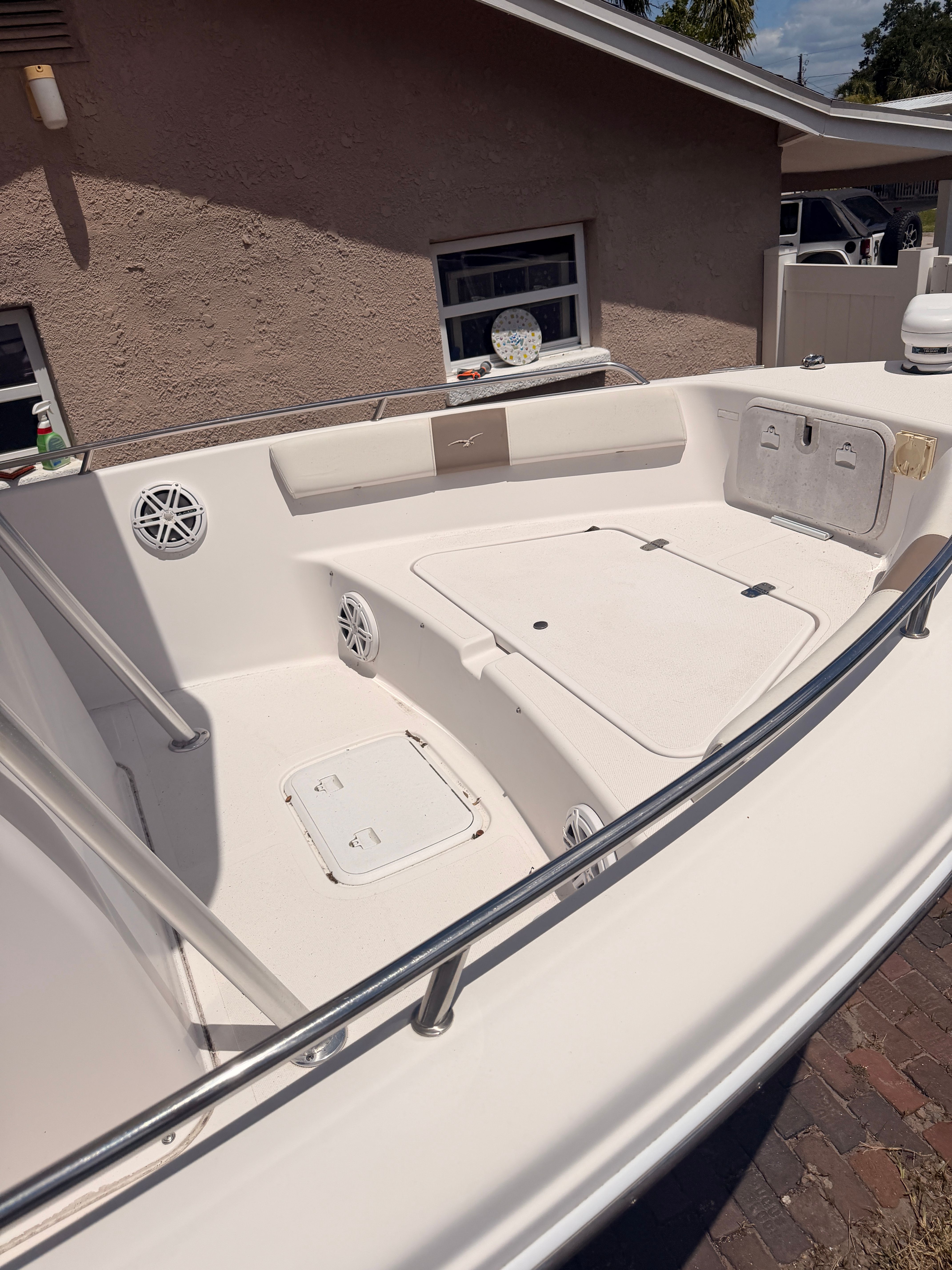 Interior of a 2017 Pro-Line 20 Sport boat, white deck.