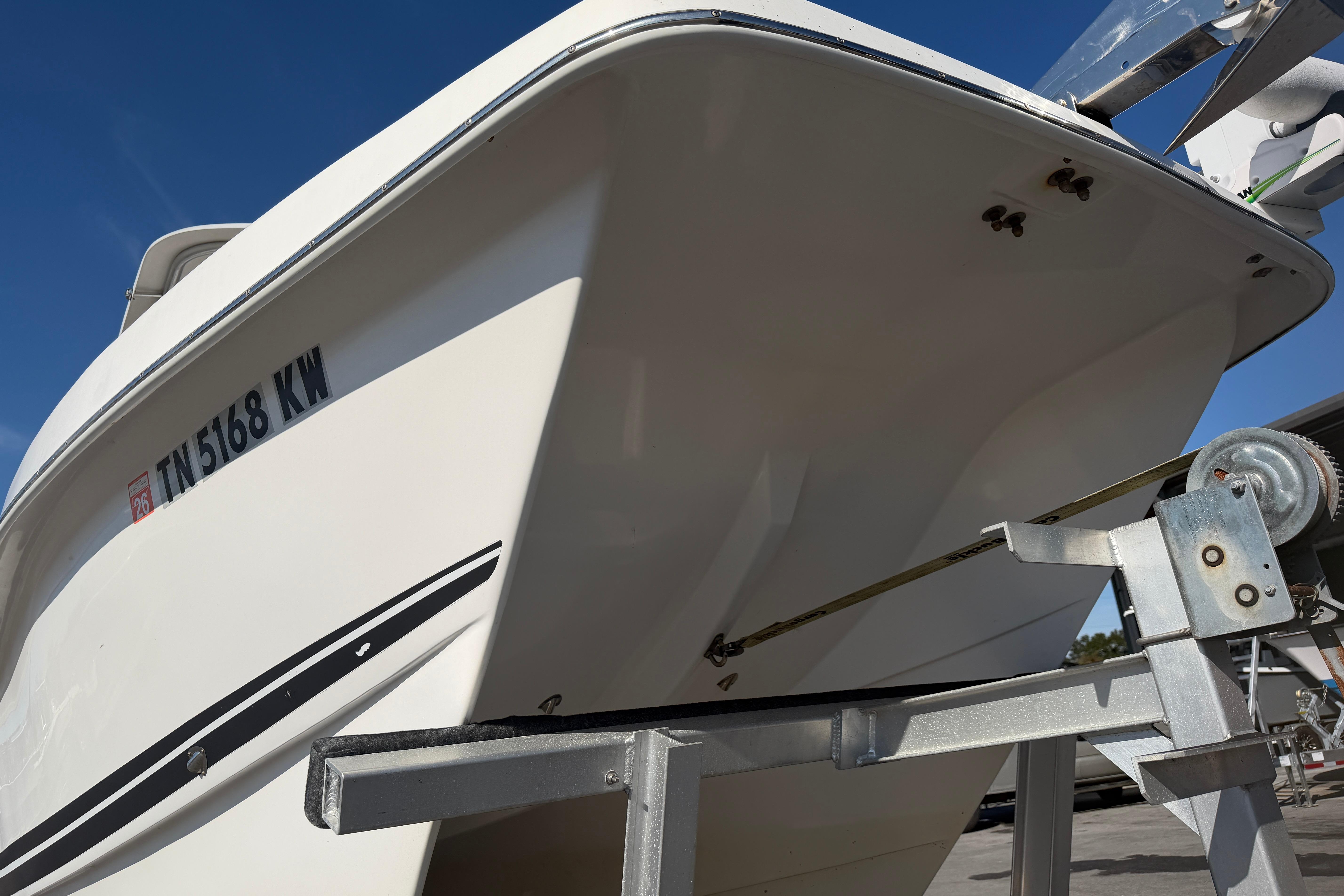 2018 Twin Vee 260 CC SE boat on trailer, close-up view.