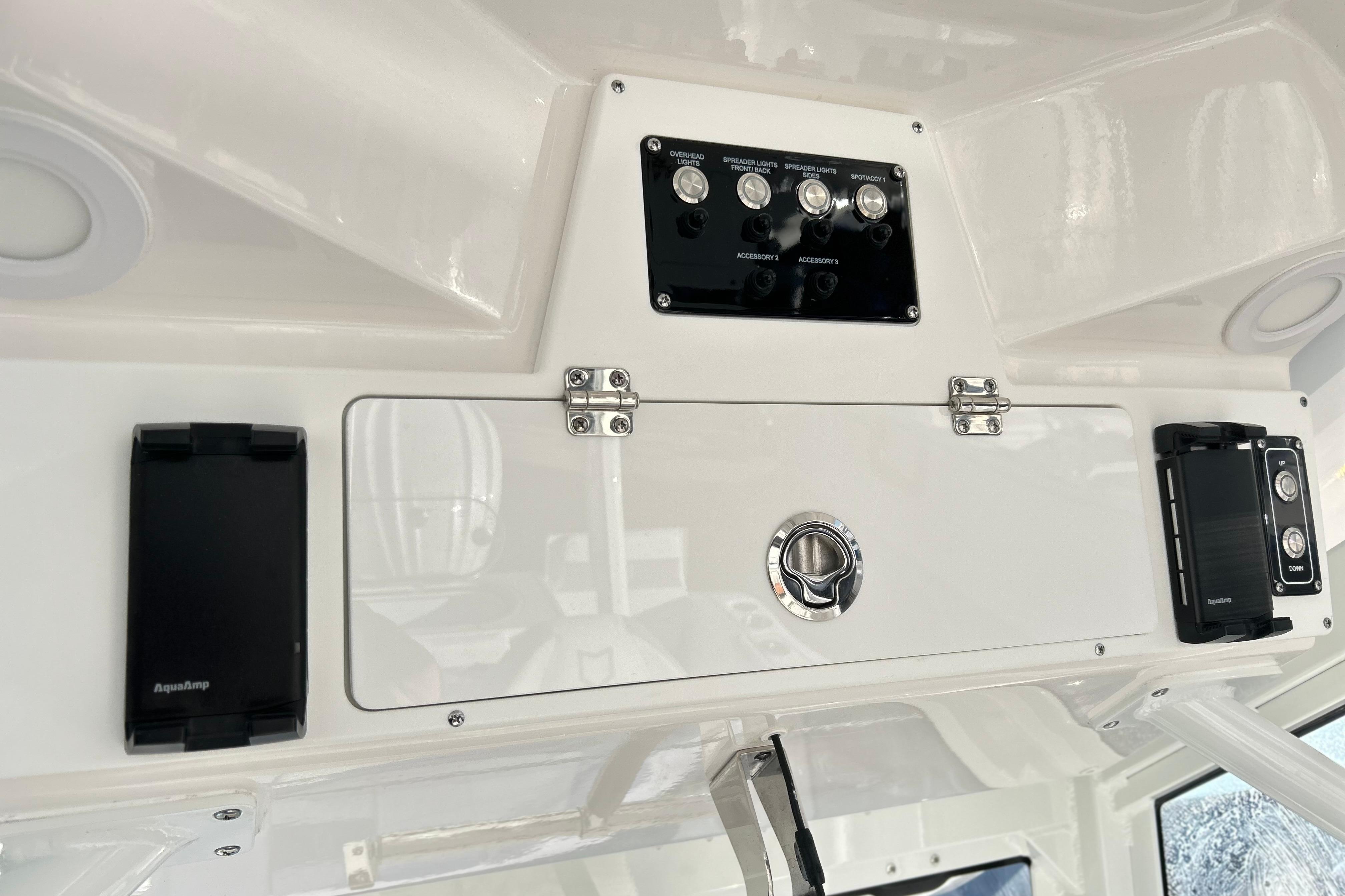 2026 Sea Fox 288 Commander dashboard with control panel and storage compartment.