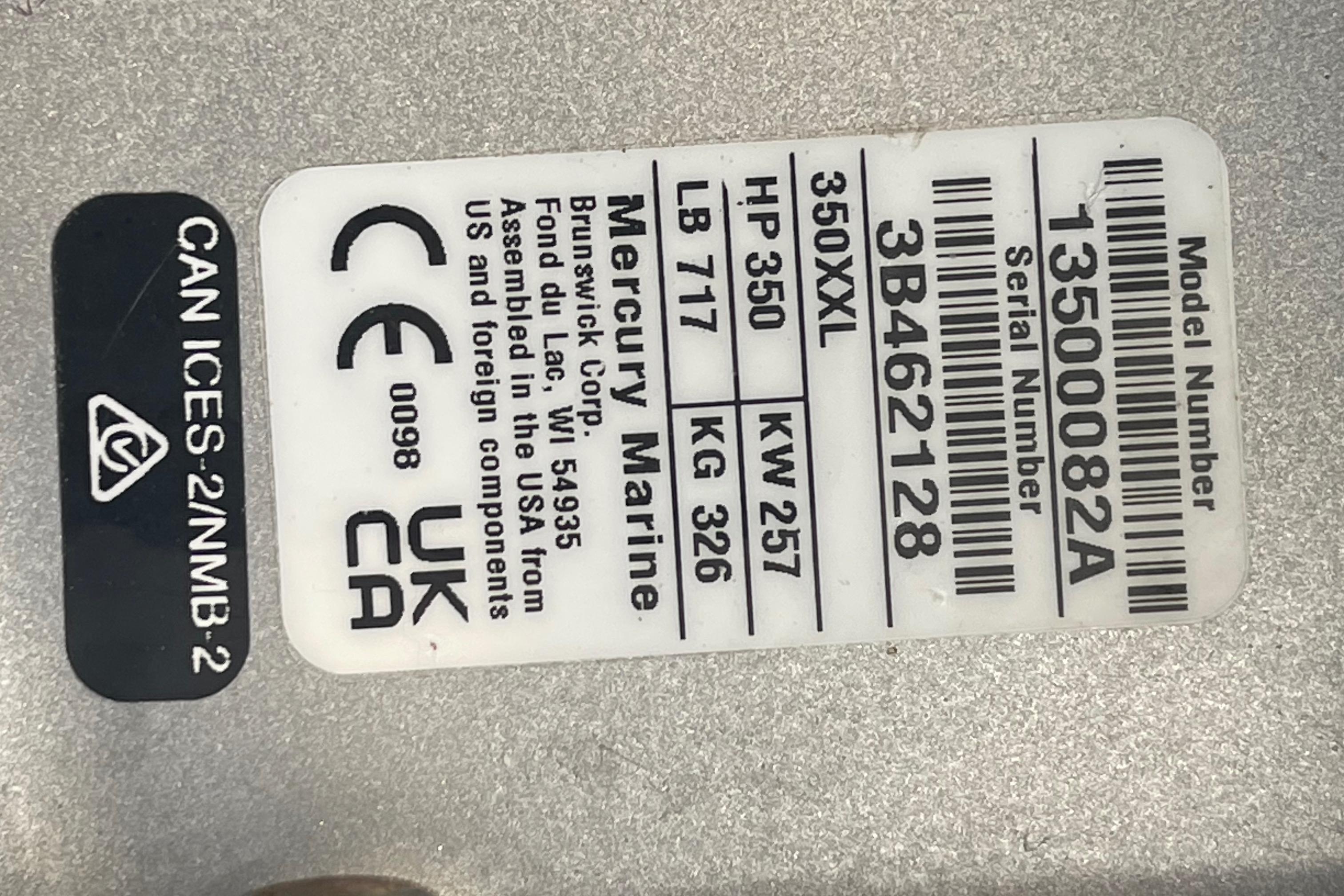 Label on Mercury Marine engine for 2024 Beneteau Gran Turismo 32, showing specifications and compliance.