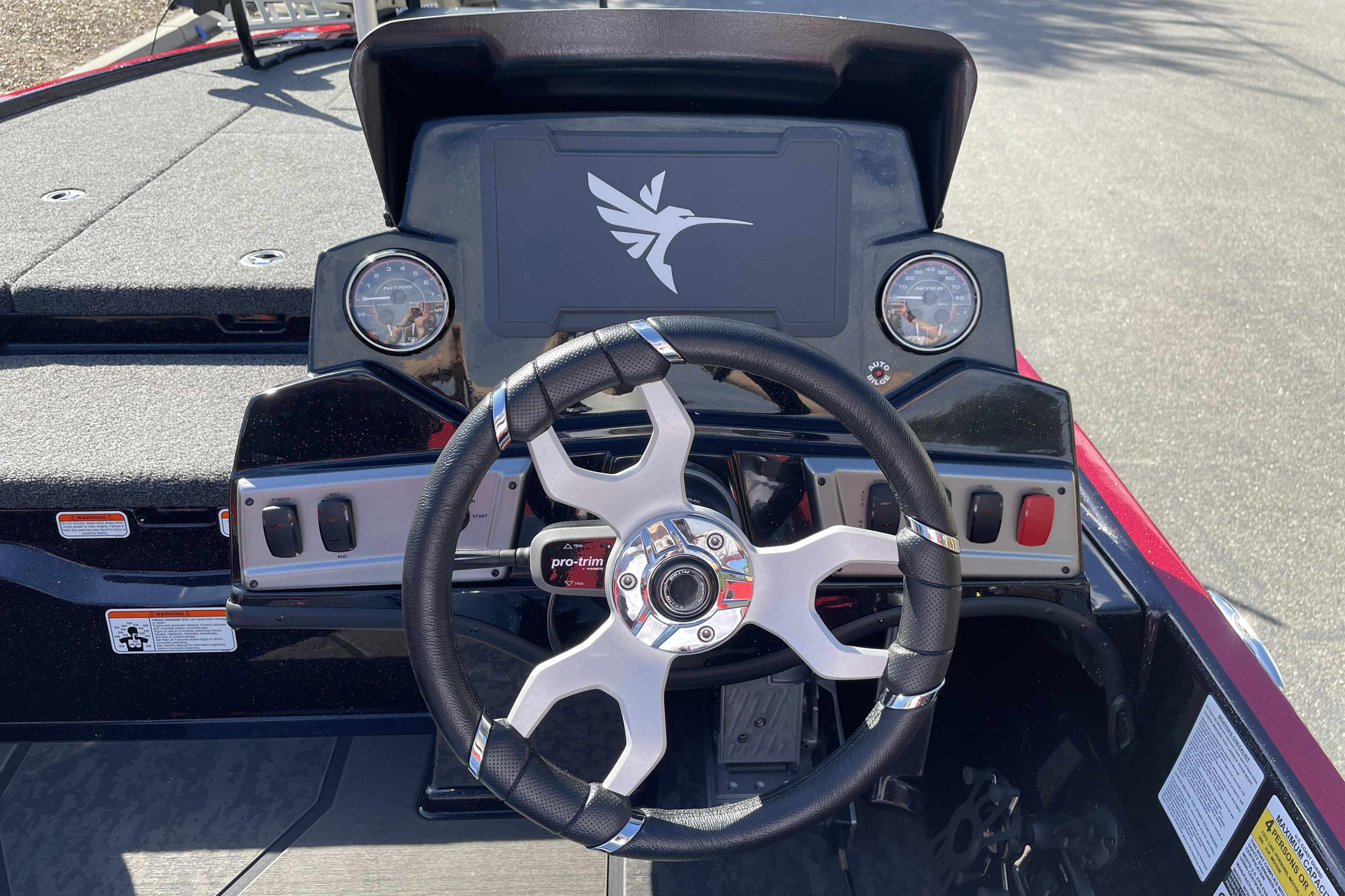 Steering console of 2026 Nitro Z19 XL boat with modern controls and gauges.