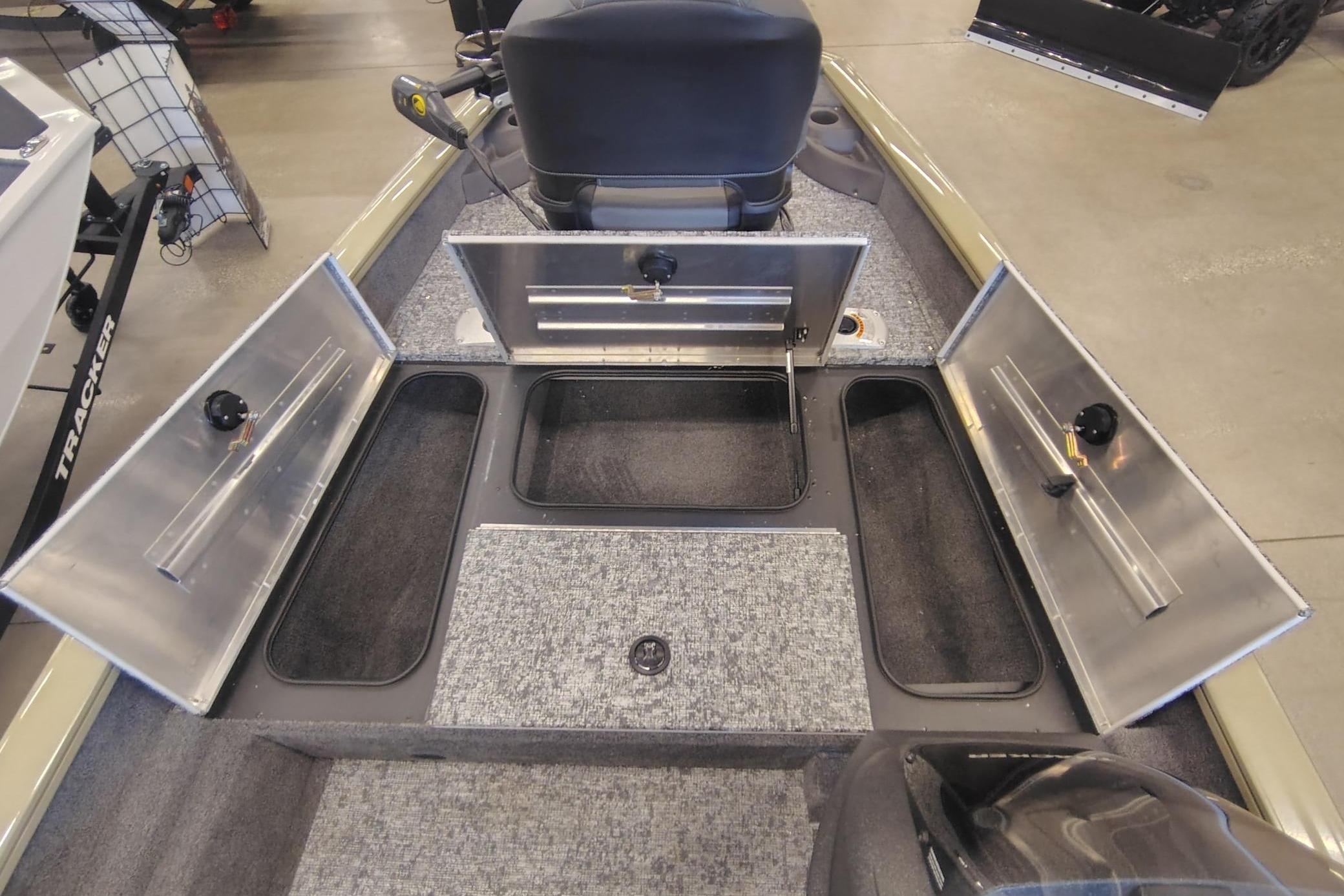2026 Tracker Pro Team 175 Crappie Edition boat interior with open storage compartments.