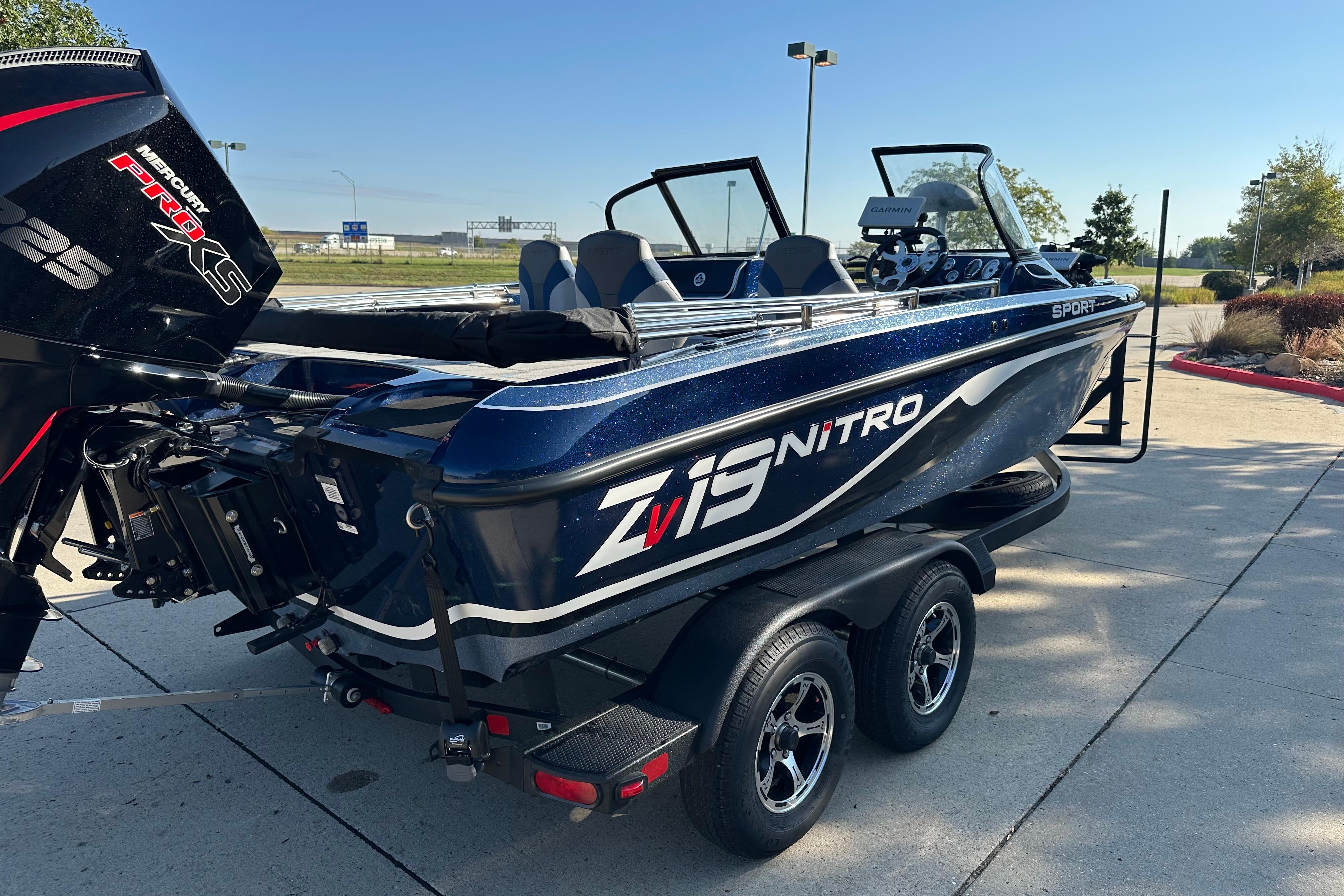 2026 Nitro ZV19 Sport Pro boat with Mercury Pro XS 225 engine on trailer.