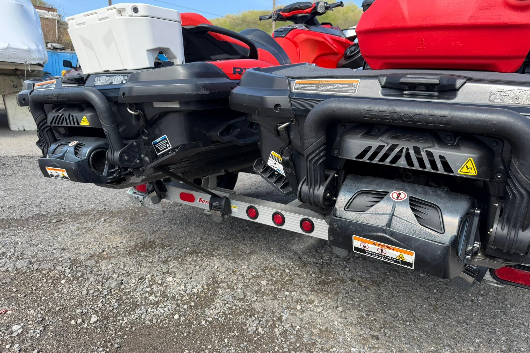 2019 Sea-Doo RXT-X 300 jet skis on a trailer, rear view.