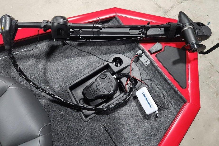 2026 Tracker Pro Team 175 boat deck with trolling motor and Lowrance electronics.