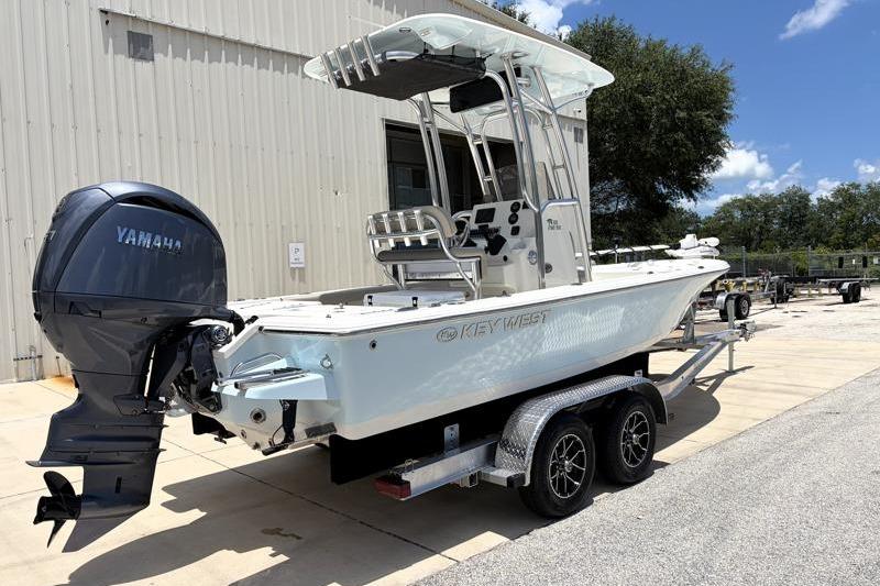 2025 Key West 210 Bay Reef boat on trailer with Yamaha outboard motor.