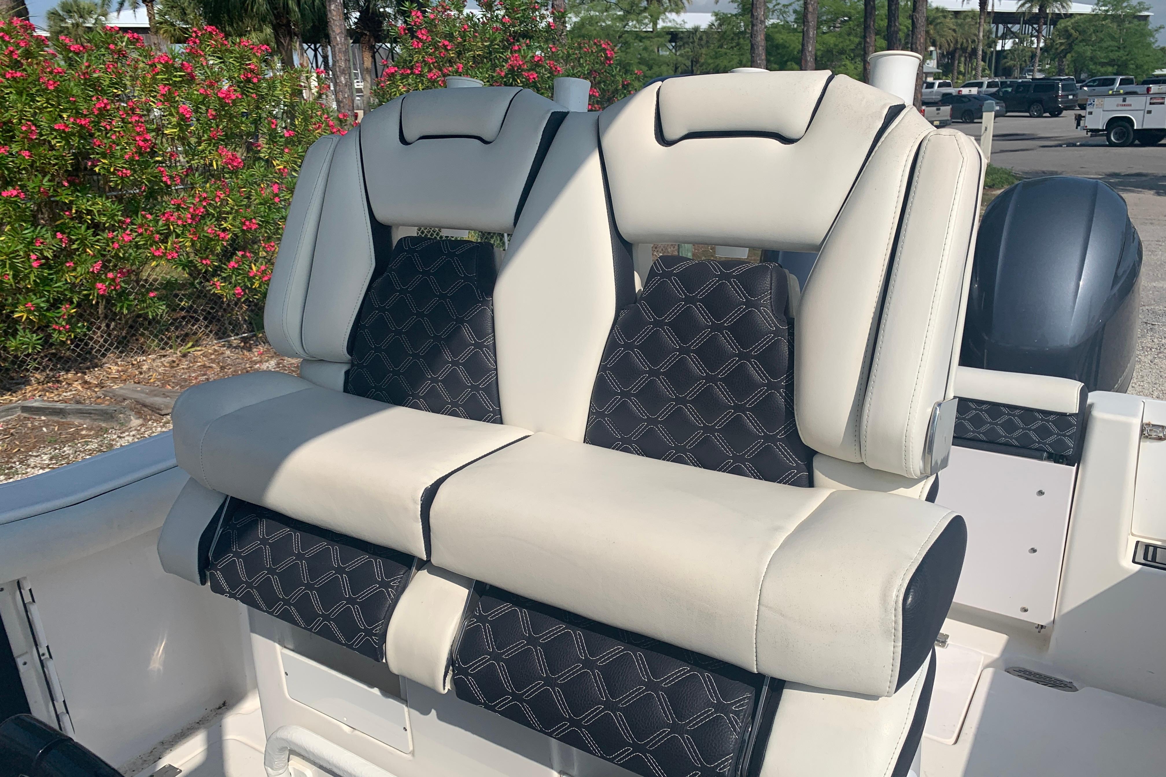 2021 Tidewater 256 CC Adventure boat seats with stylish upholstery and comfortable design.