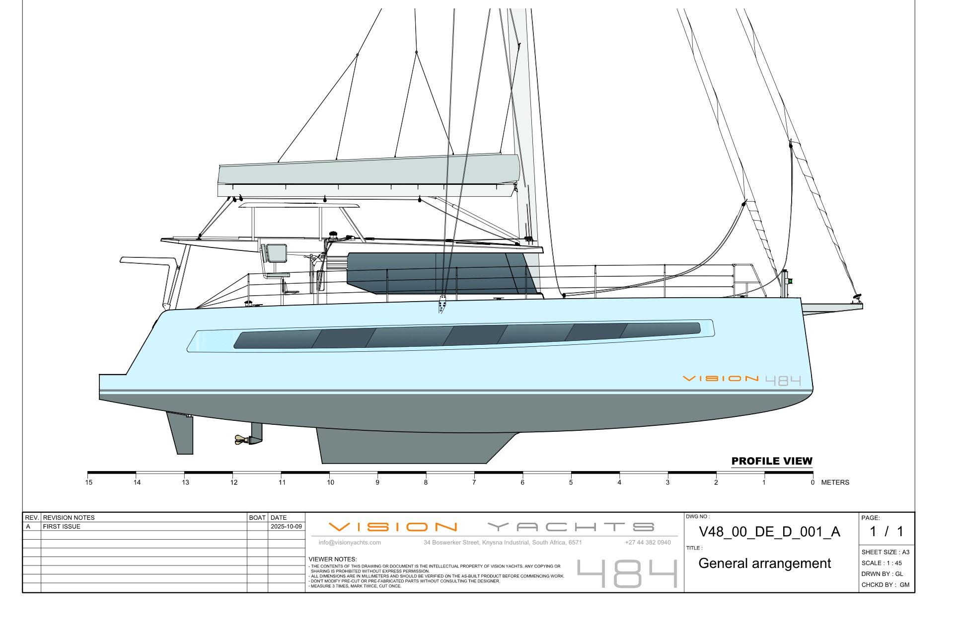 Profile view of Vision 484 yacht, 2027 model, showcasing sleek design and modern features.