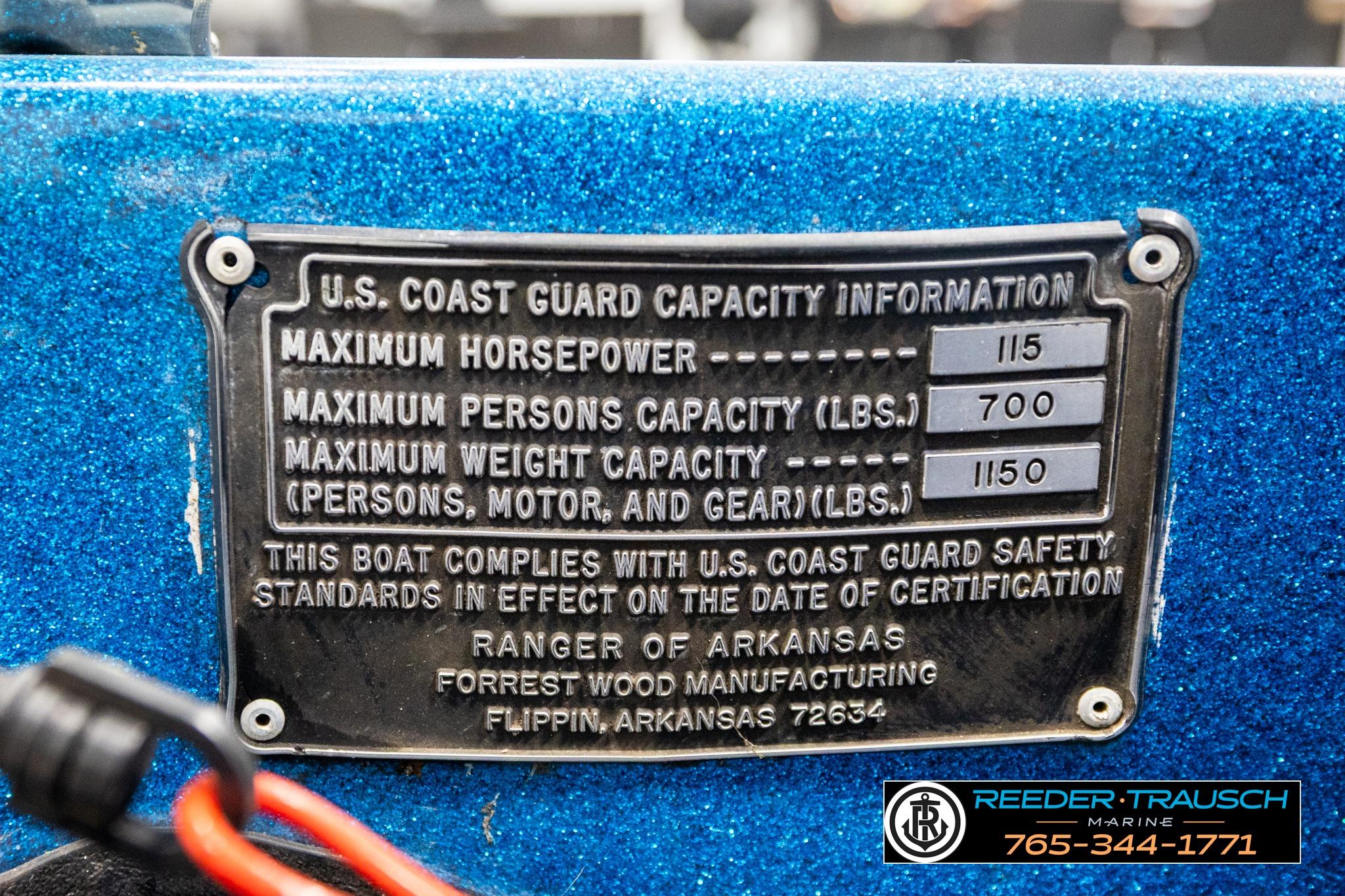 U.S. Coast Guard capacity plate on 1980 Ranger 175 VS boat, detailing safety specifications.