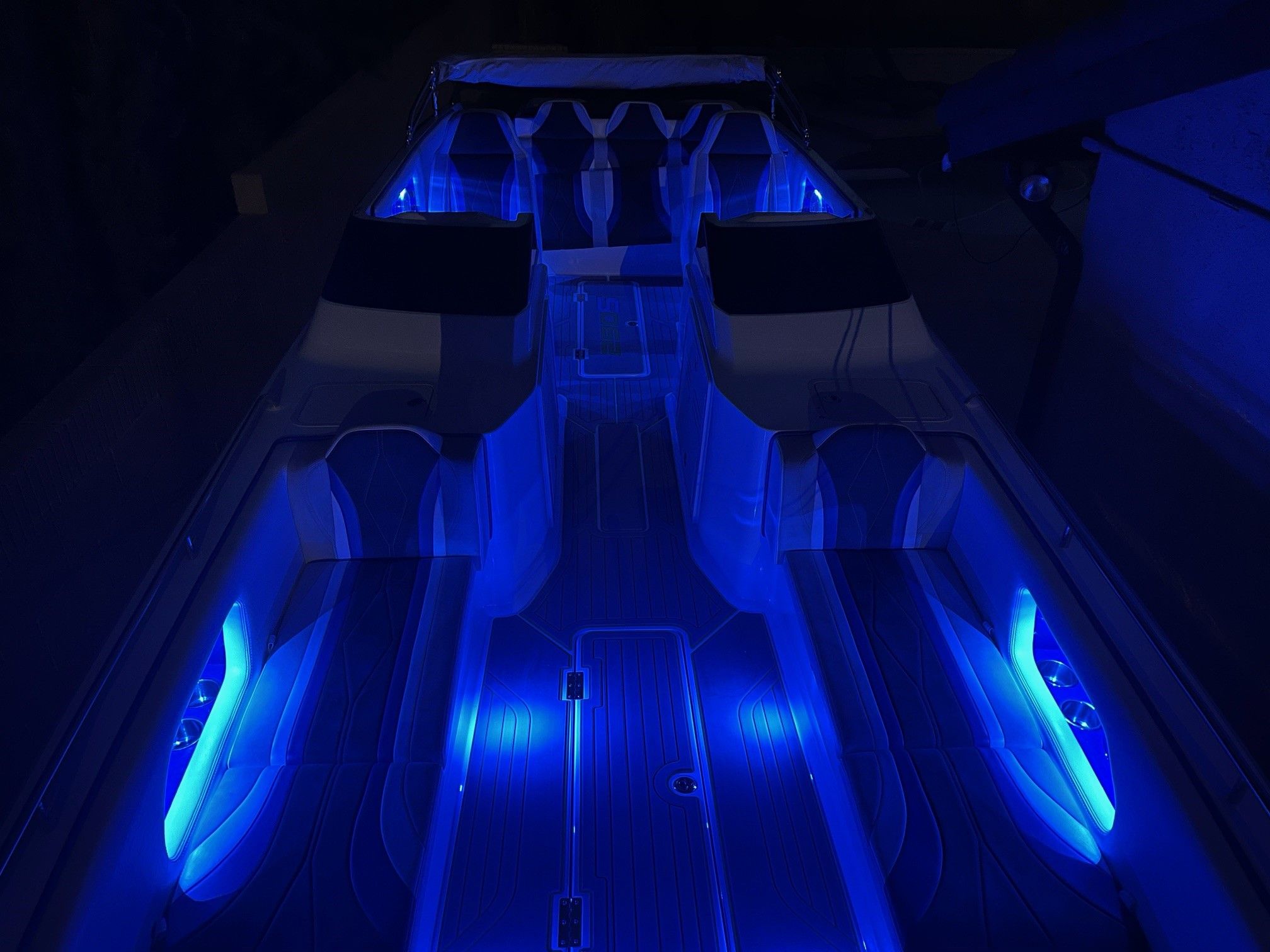 Custom Barron 290s boat with blue LED lighting, year 2021.
