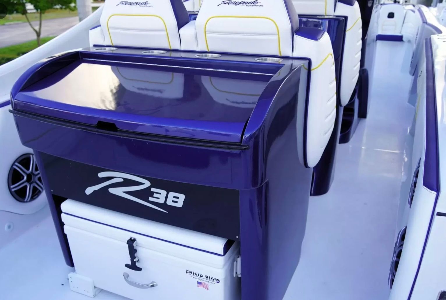The image shows the cockpit of a Renegade boat with white seats and a blue helm console.