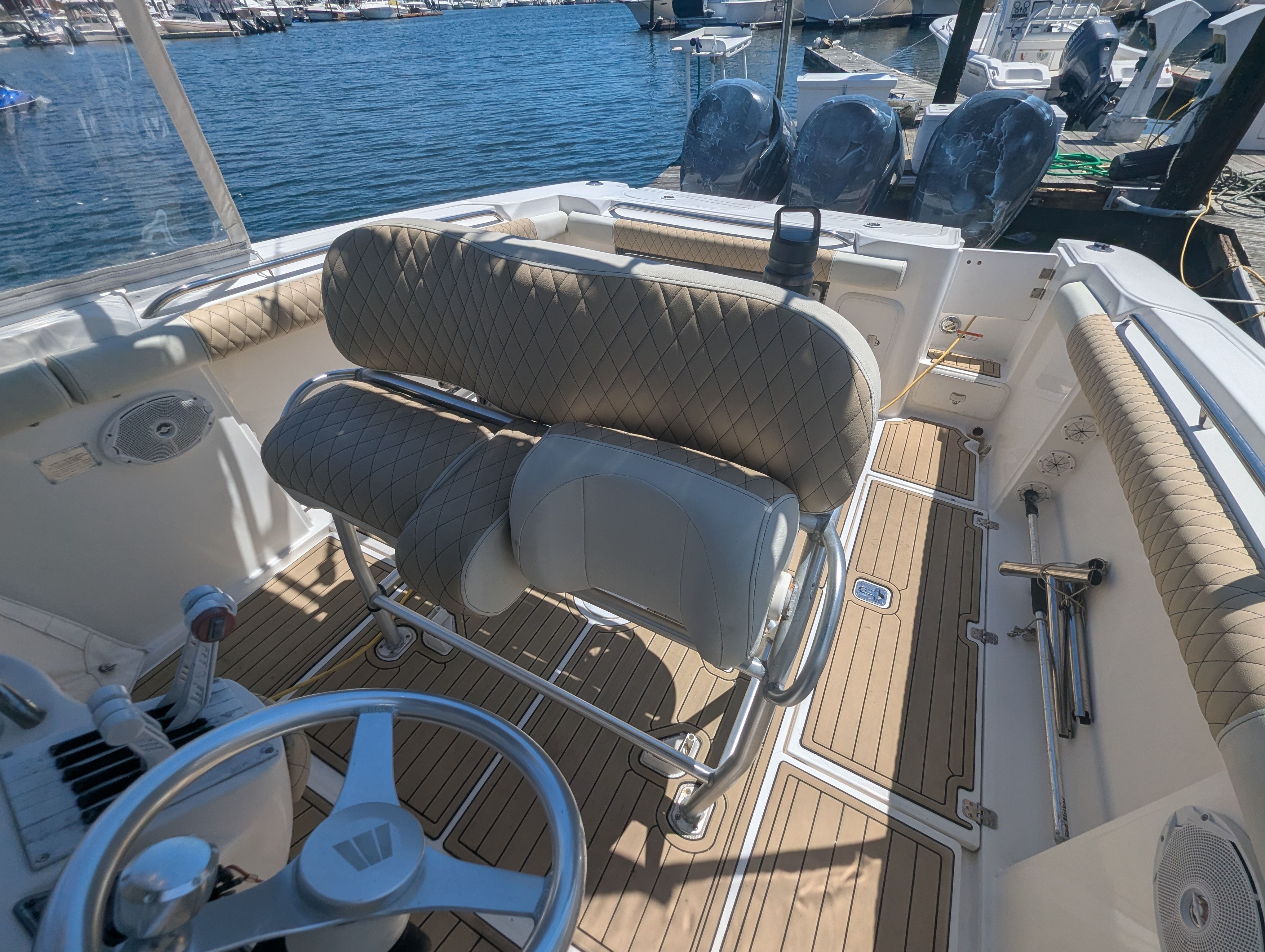 Interior of a 2005 Wellcraft 35 CCF boat with stylish seating.