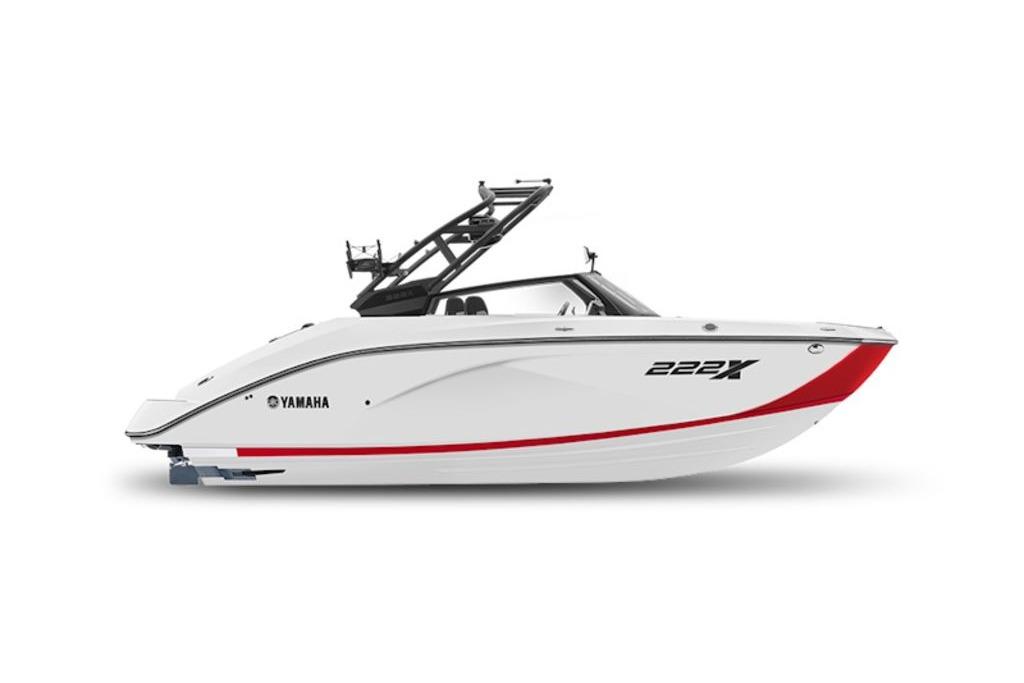 2026 Yamaha Boats 222XE, sleek white and red design, side view.