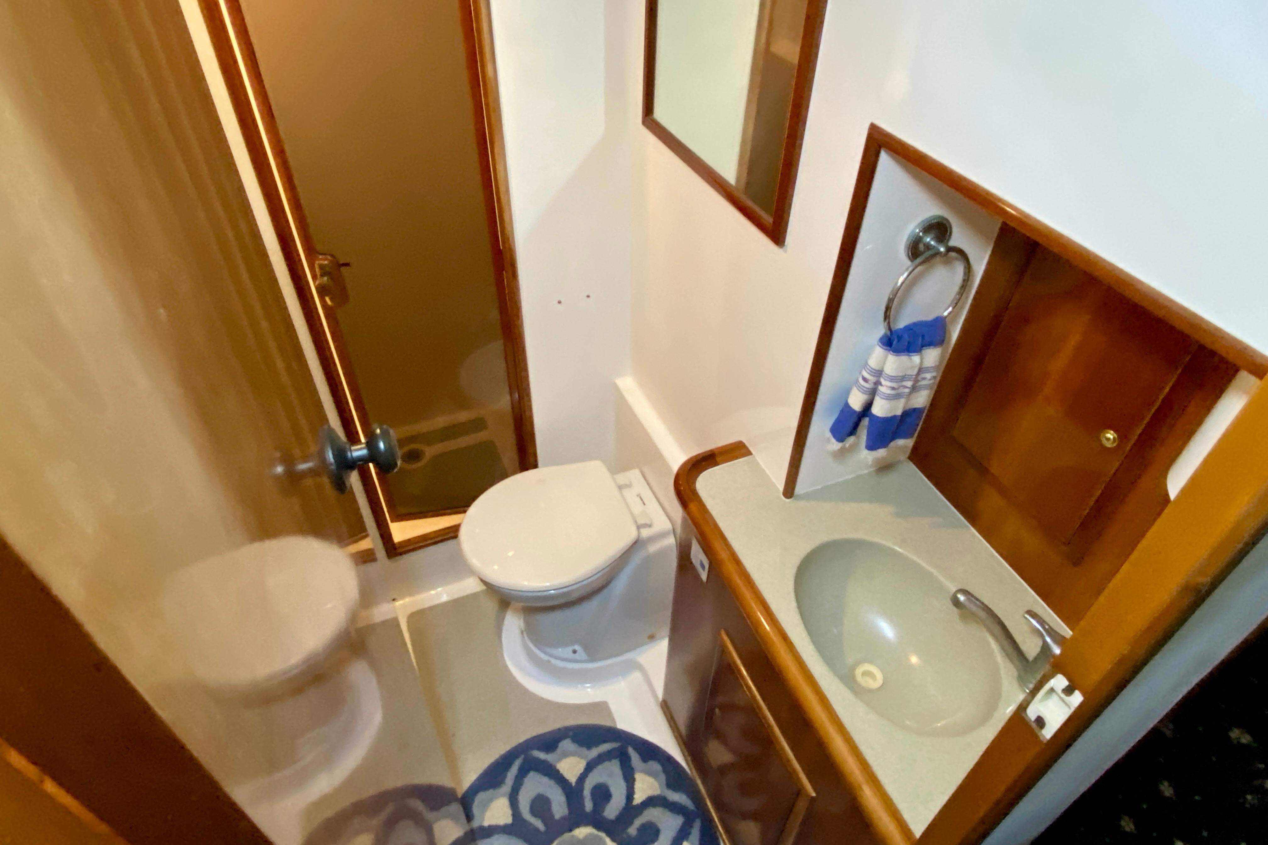 Compact bathroom in 2001 SportsCat 44 with sink, toilet, and wooden cabinetry.