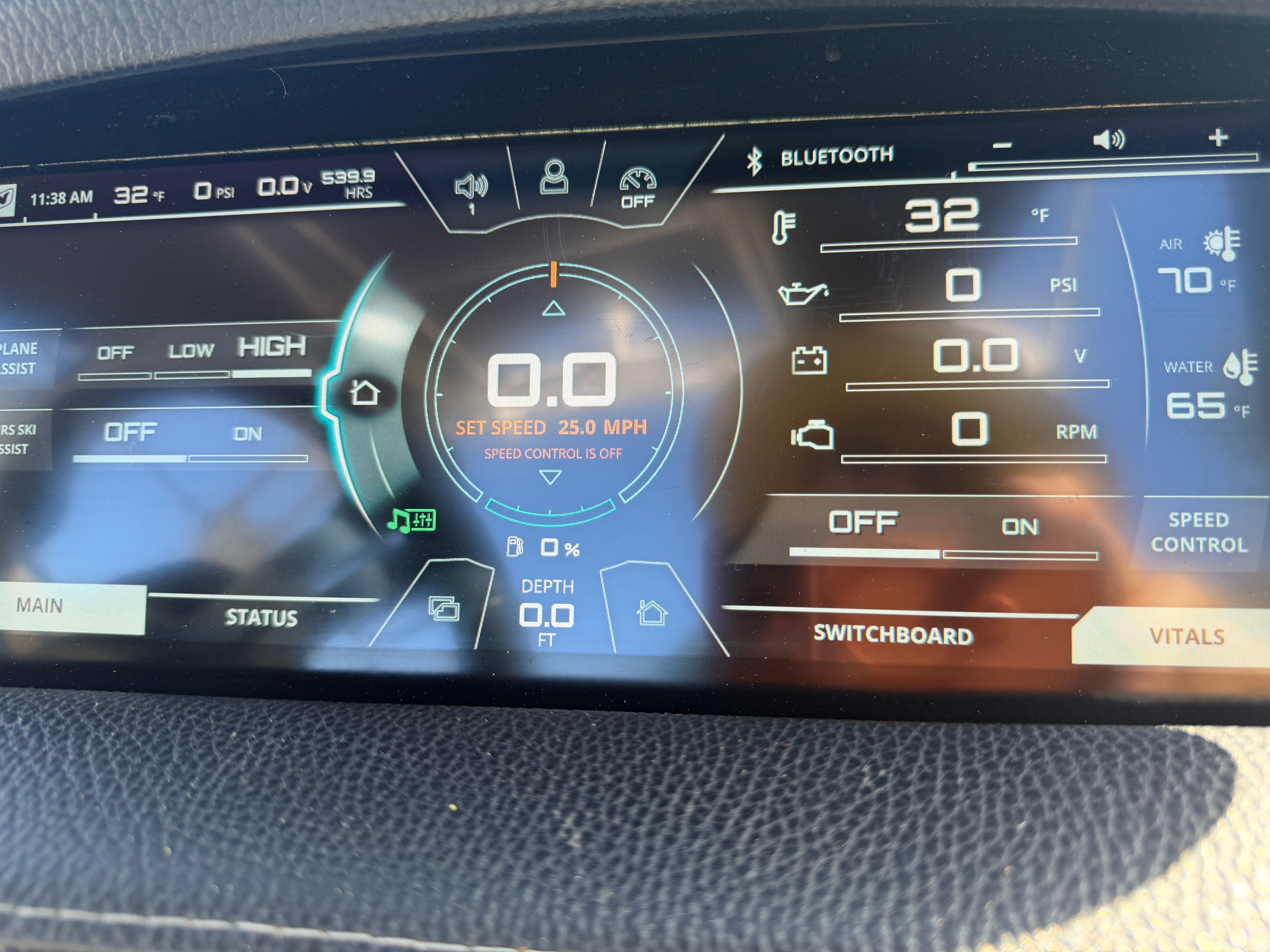 The dashboard of a 2018 Nautique Super Air Nautique GS22 displays speed and other boat data.