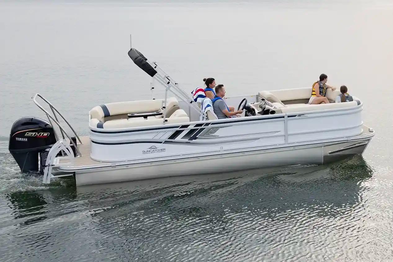 Manufacturer Provided Image: 2026 SunCatcher Select 322RC pontoon boat cruising on calm water with passengers.