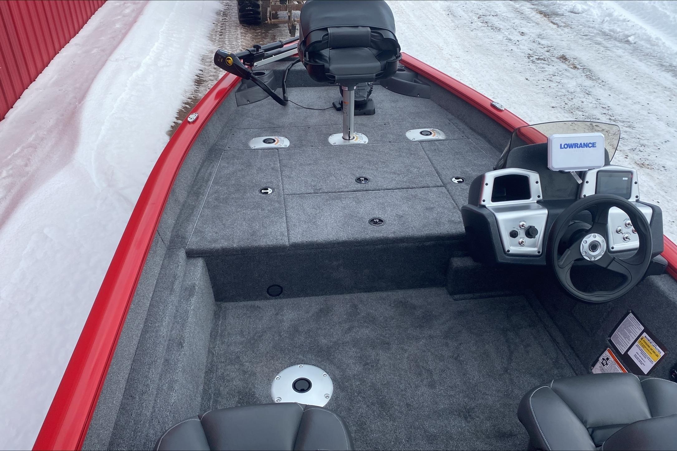 2026 Tracker Pro Team 175 Crappie Edition boat interior with steering console and seating.