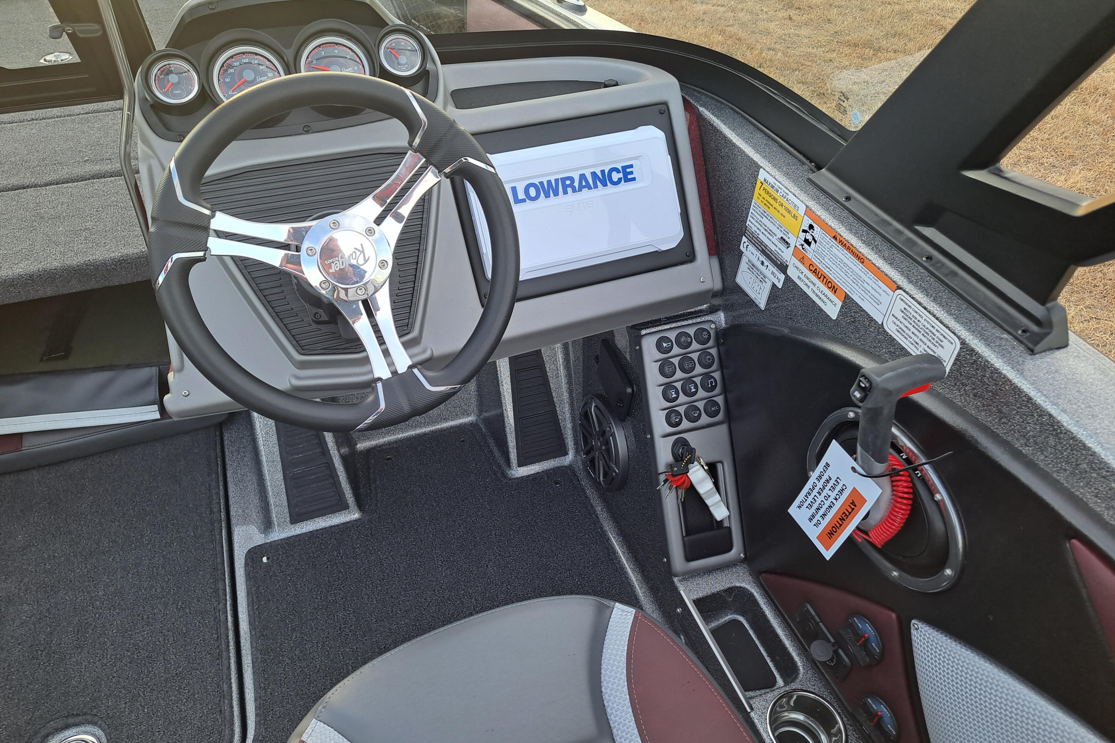 2026 Ranger 1850MS boat dashboard with steering wheel and control panel.