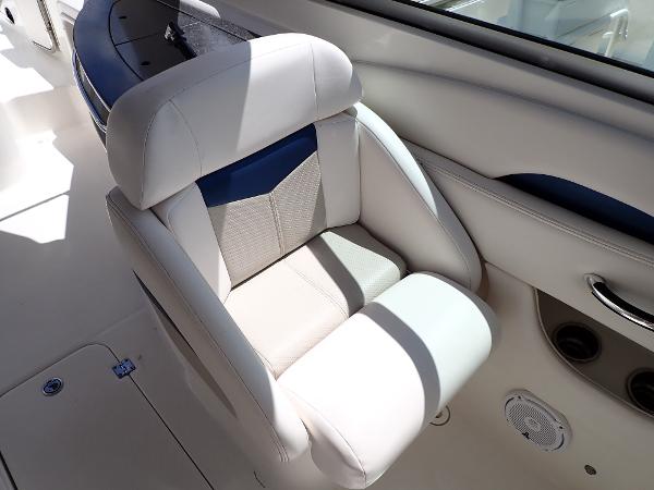 2011 Chaparral 287 SSX boat seat, white and blue upholstery, luxurious design.