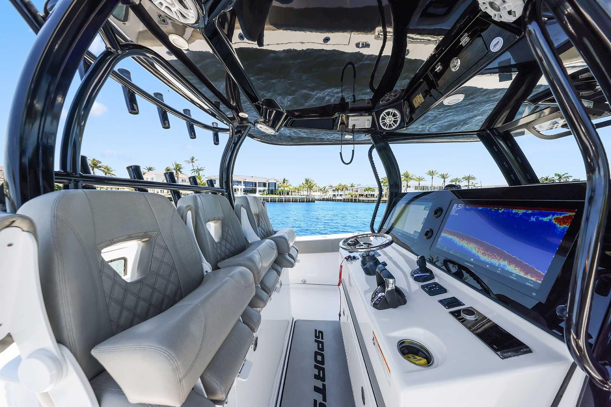 2024 Sportsman Open 352 Center Console interior with advanced navigation system and luxurious seating.