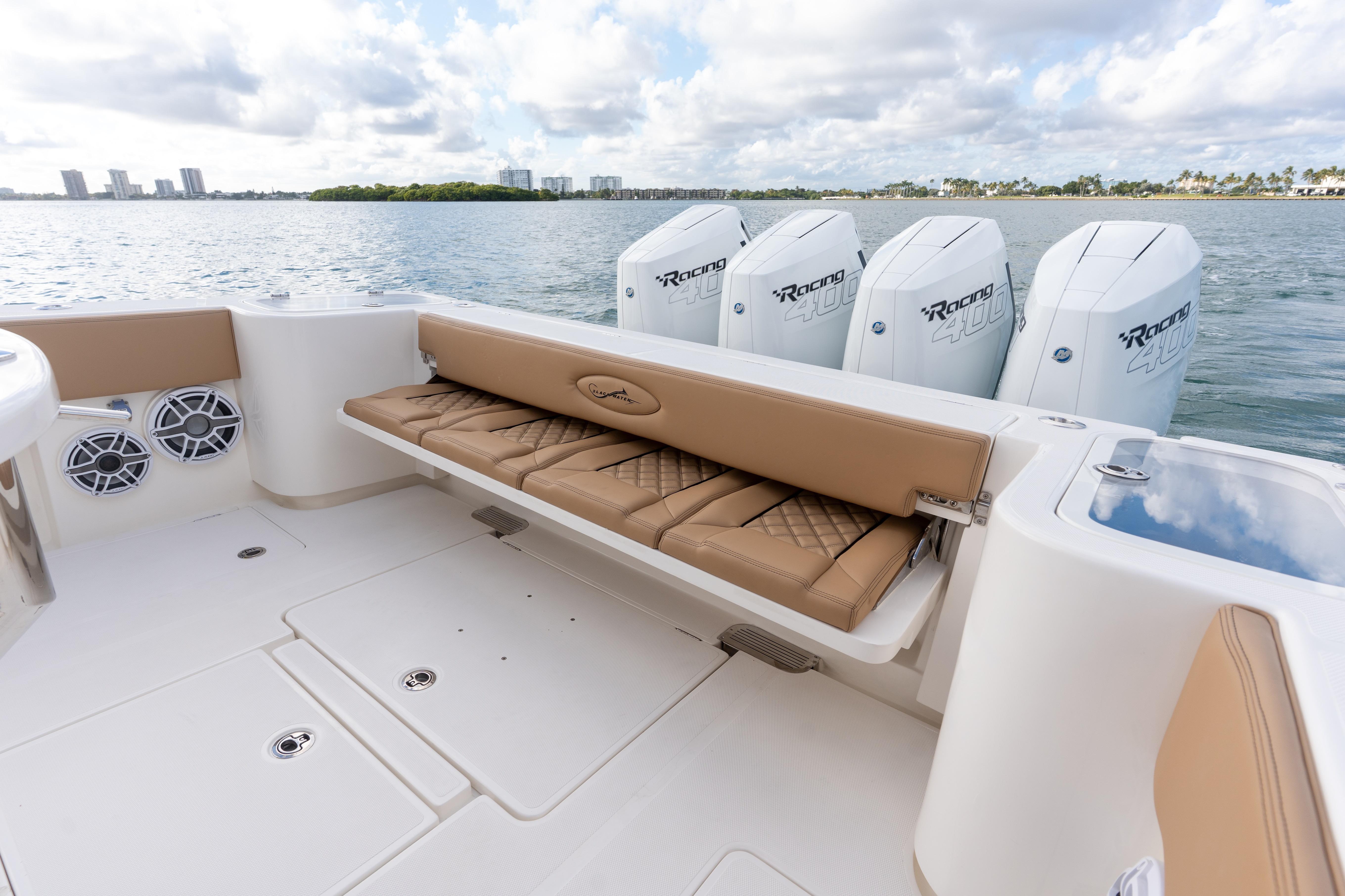 2026 Blackwater 41 Performance Fish boat with luxurious seating and powerful outboard engines.