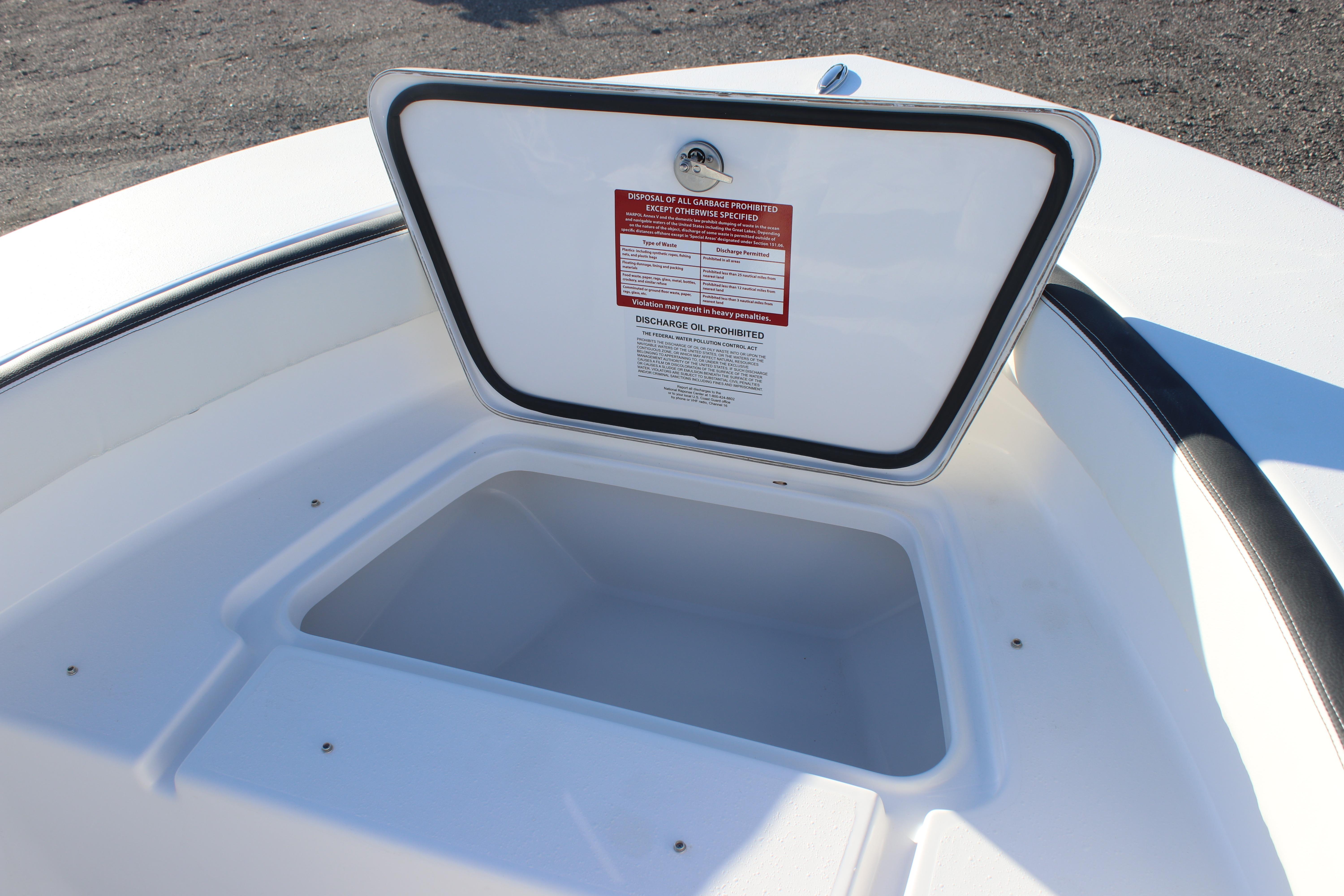 Open storage compartment on 2026 Tidewater 180 CC Adventure boat deck.