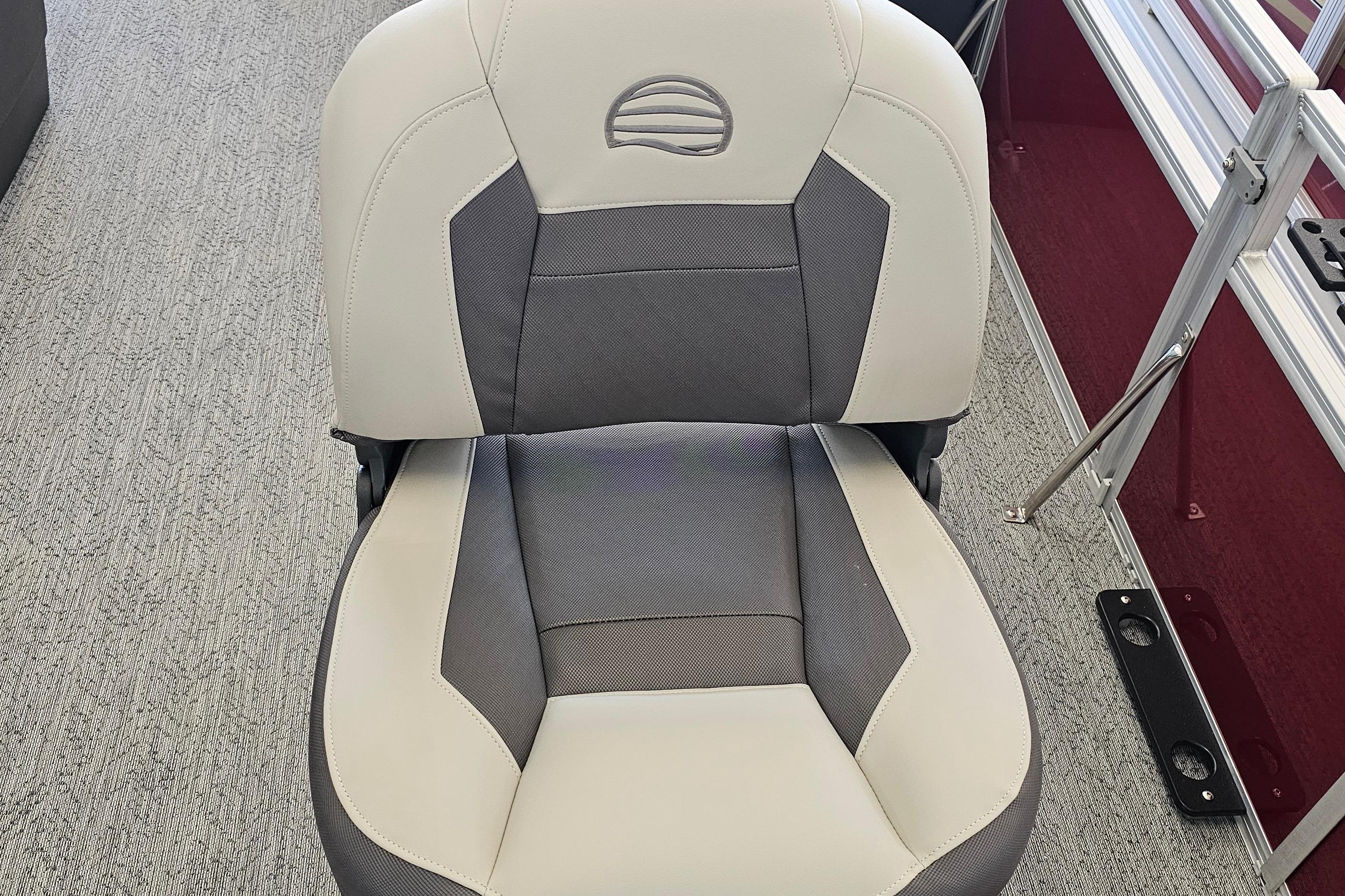 2026 Sun Tracker Bass Buggy 16 XL Select boat seat, gray and white upholstery.