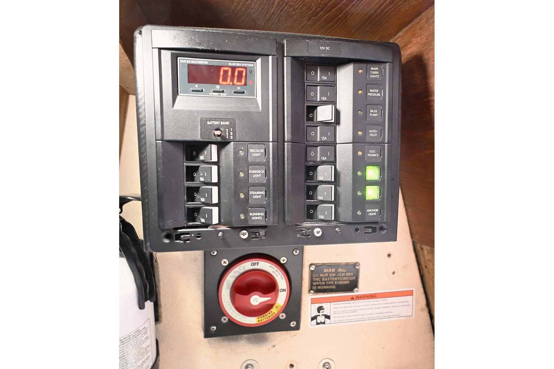 Electrical control panel on a 1977 Mercator Offshore boat by Mercator Boat Works.
