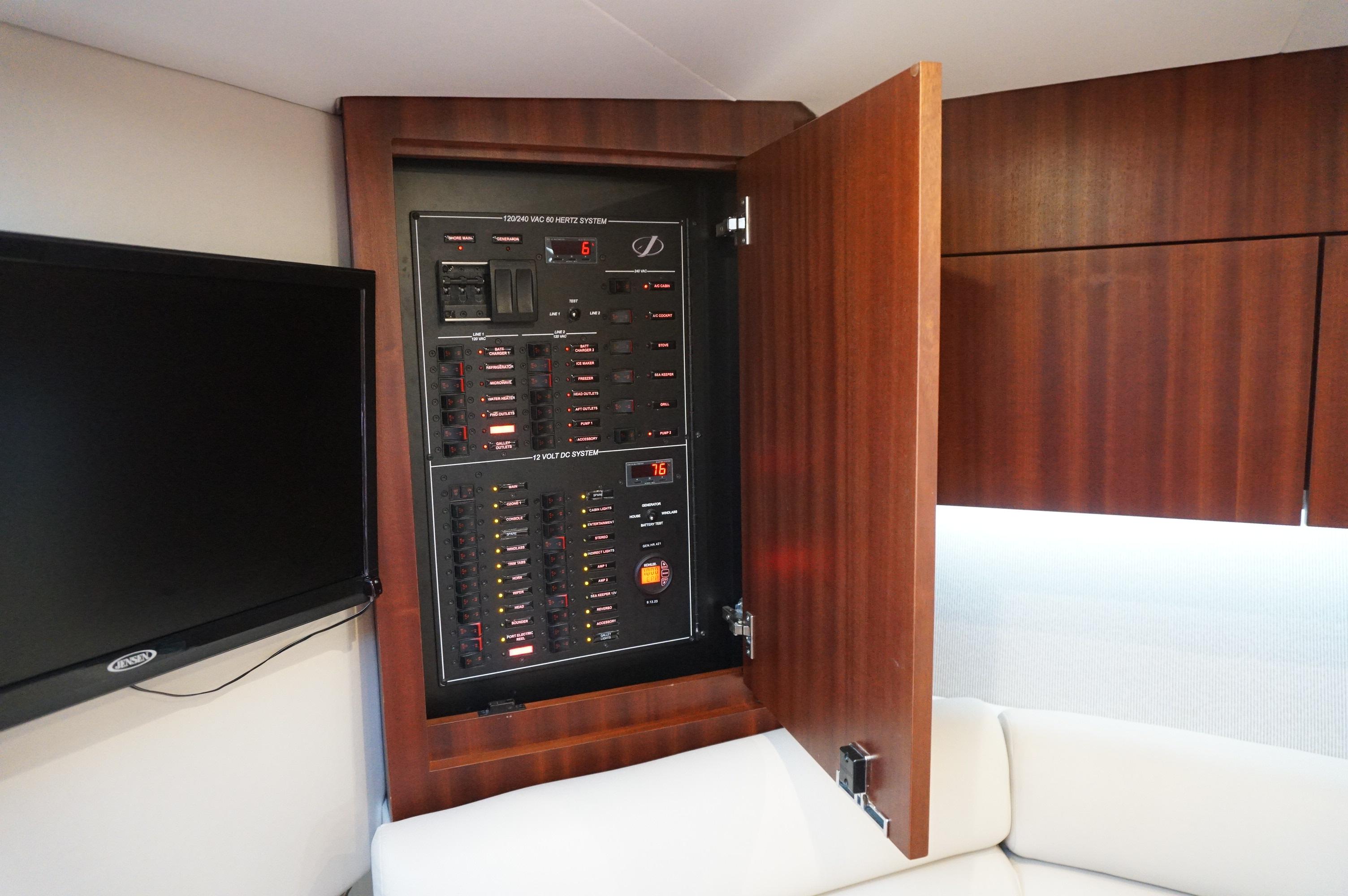 Electrical control panel on Jupiter 41 SB yacht, 2021 model.