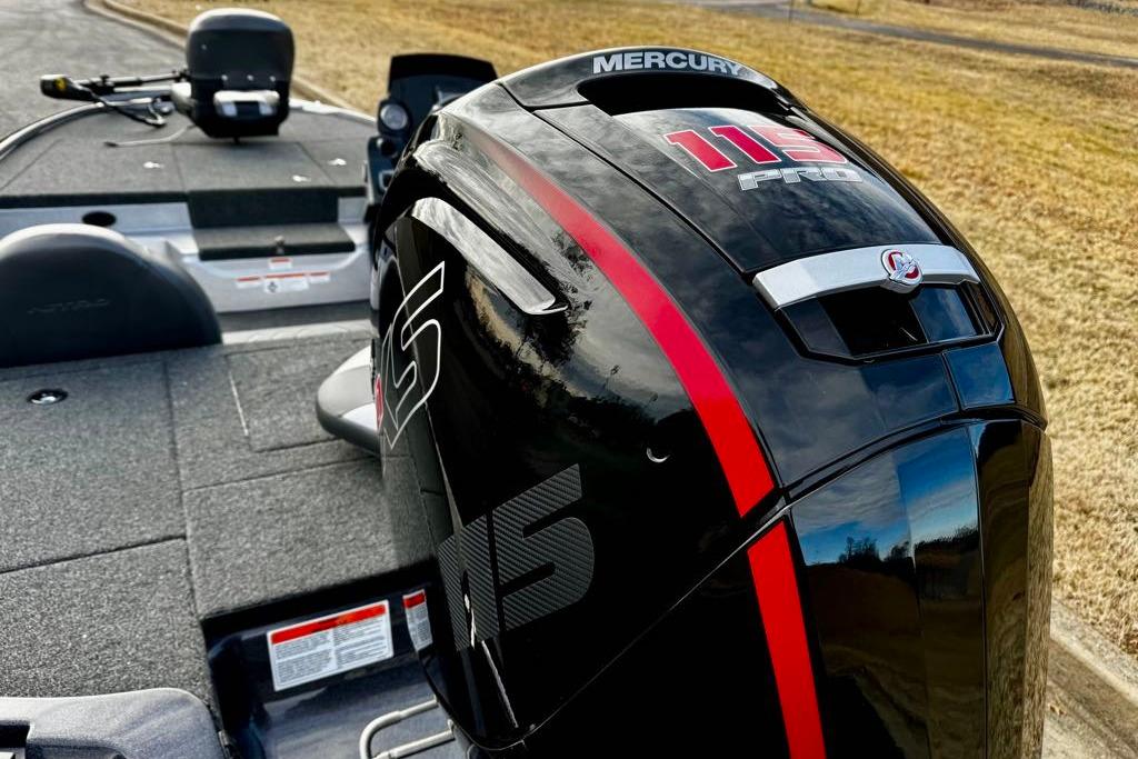 2026 Nitro Z17 boat with Mercury 115 Pro XS engine, parked on grass.