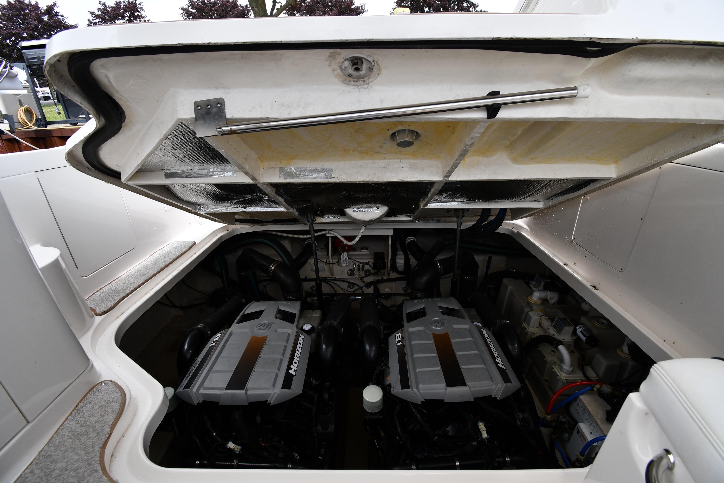 Engine compartment of a 2008 Sea Ray Sundancer 350 with twin Horizon engines.