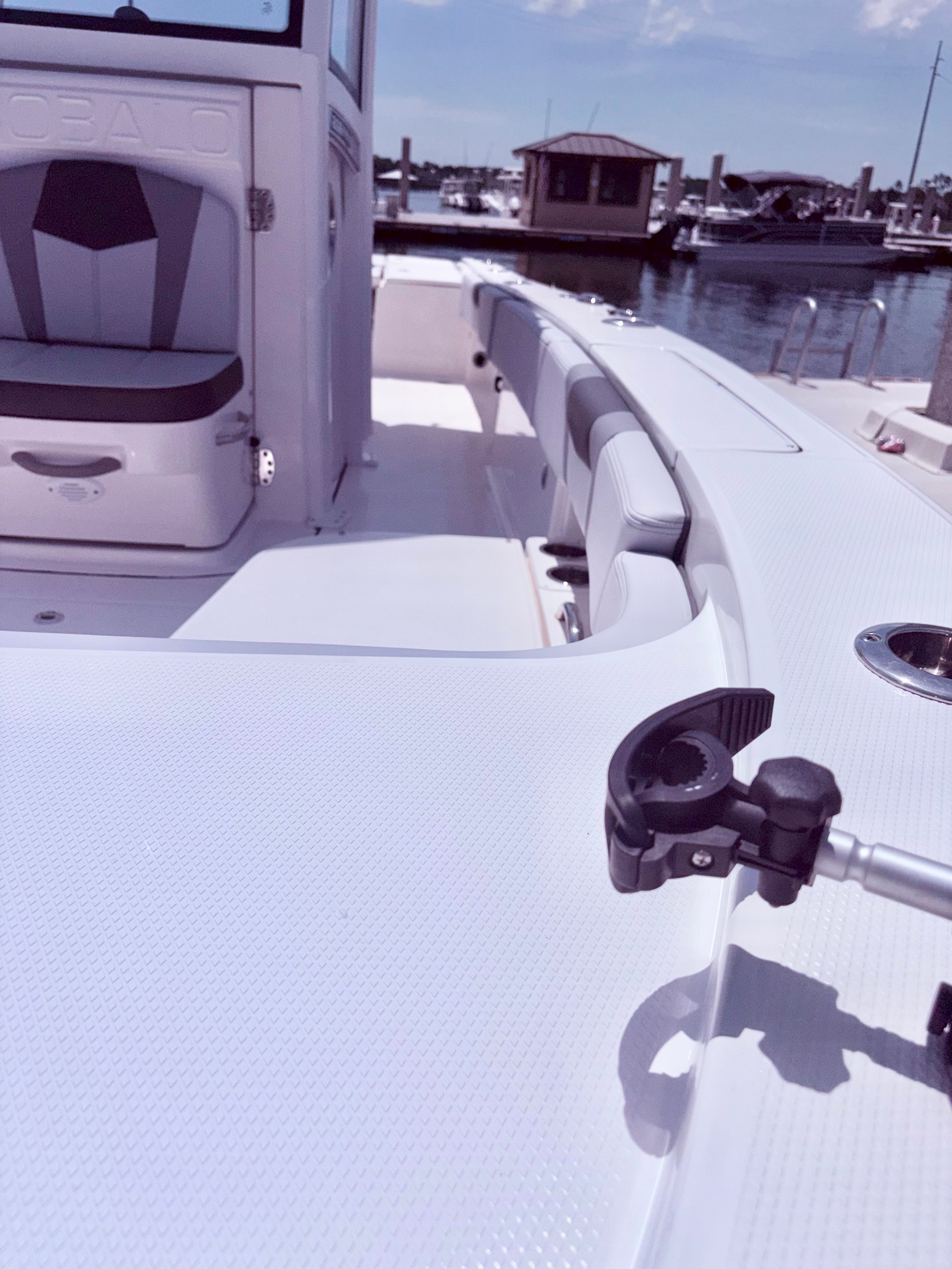 Interior view of Robalo 266 Cayman boat at the dock.