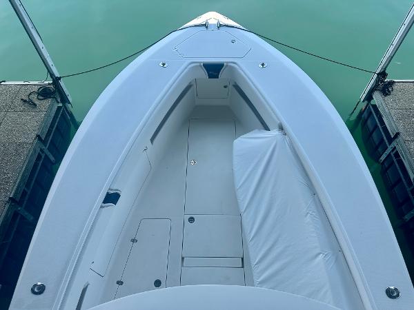 2008 SeaVee 390B boat deck, docked, with clean, spacious layout.