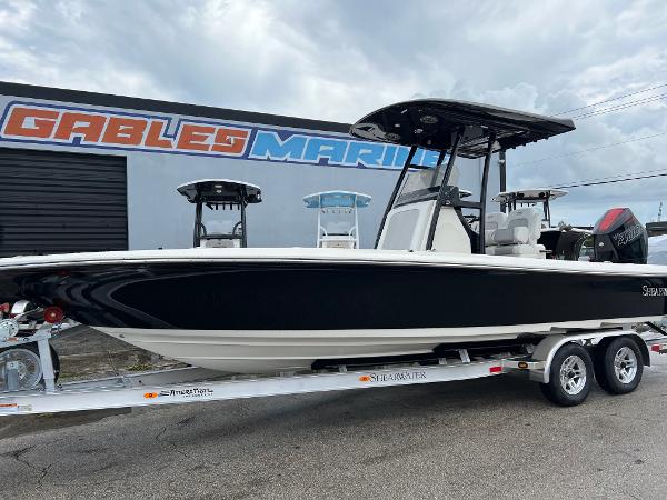 2024 ShearWater 260 Carolina Flare boat on trailer at Gables Marine dealership.
