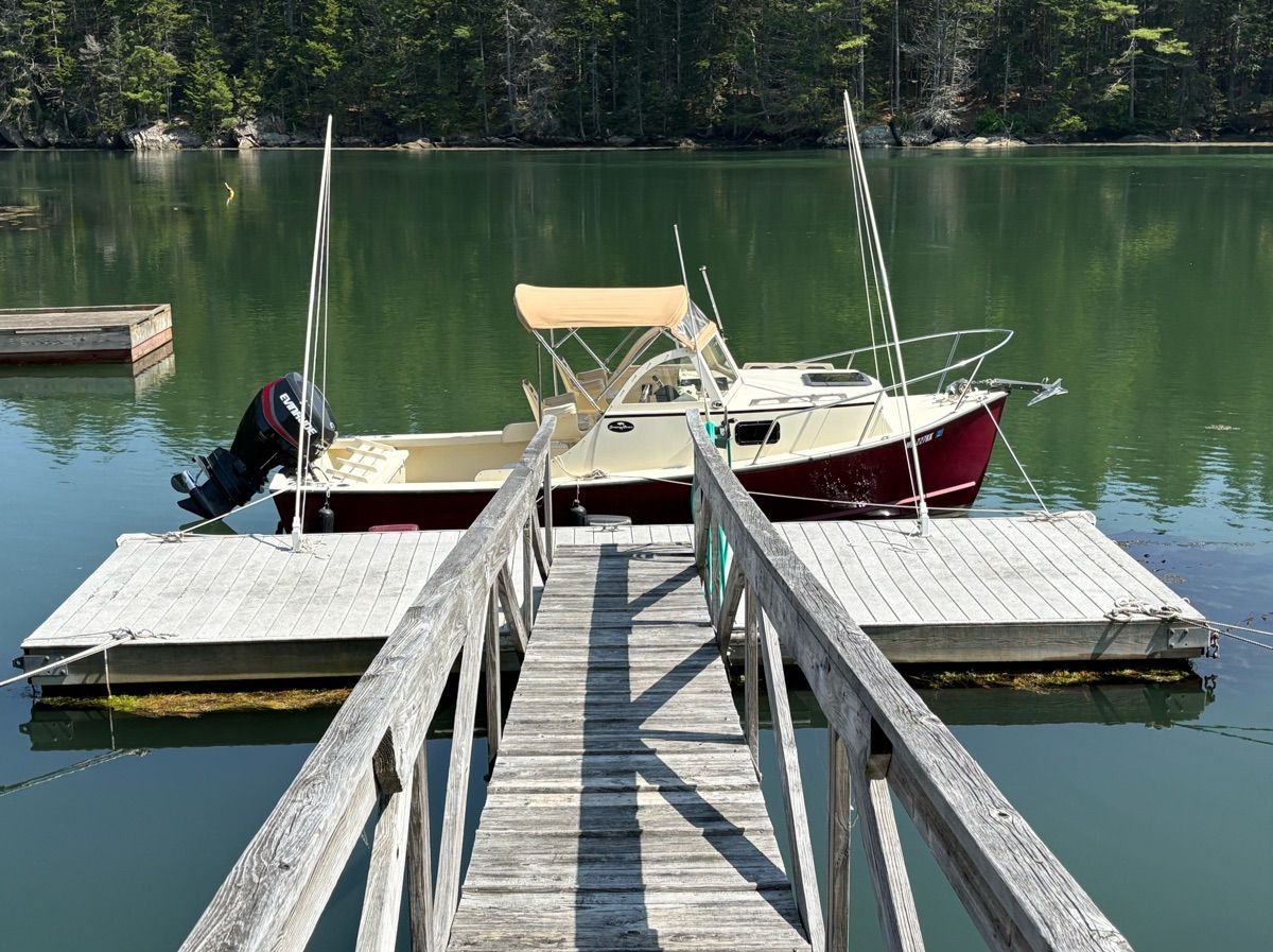 A 2018 Seaway Seafarer 21 docked at a wooden pier on a calm, forested lake.