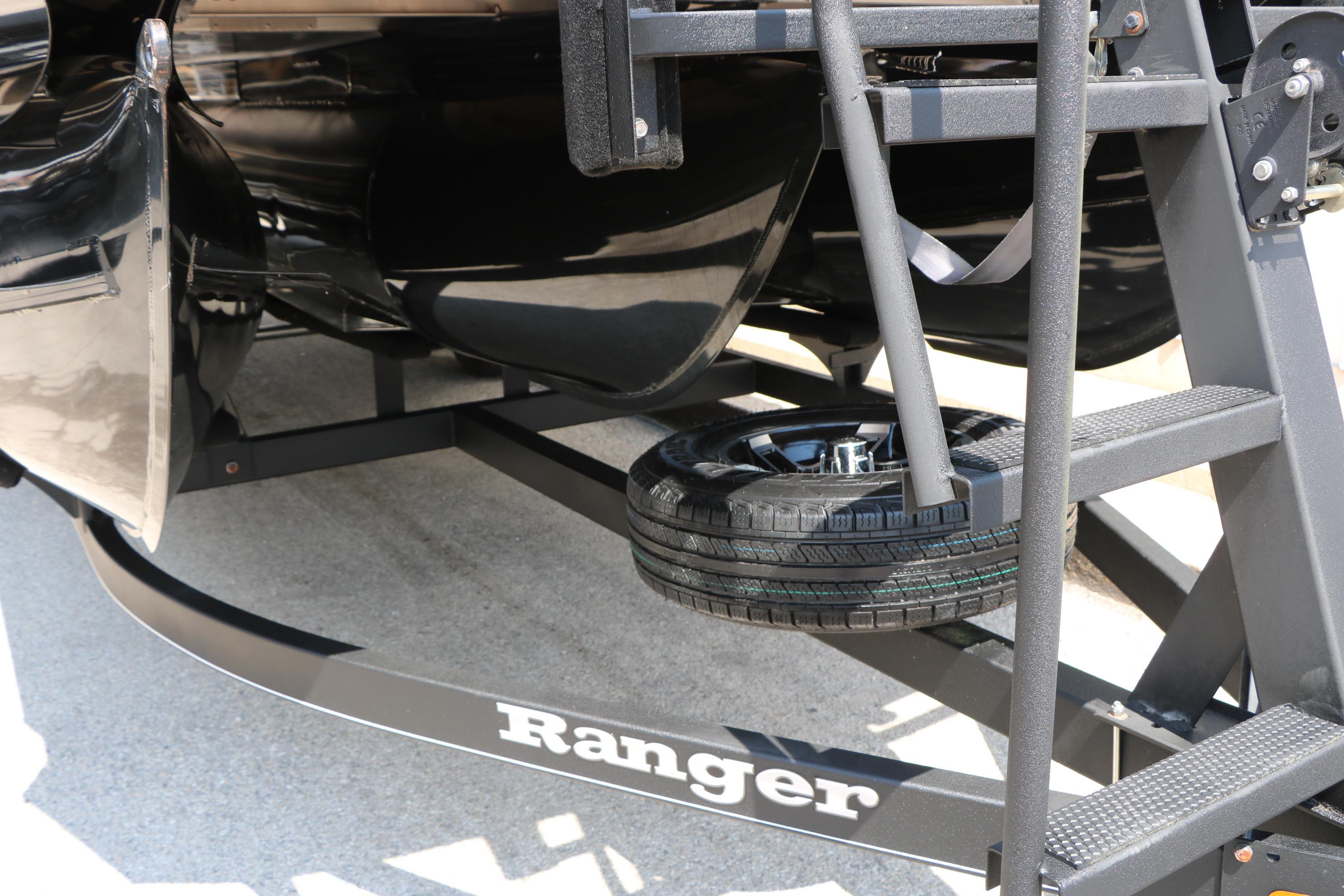 2021 Ranger 223FC boat trailer with spare tire and sturdy metal frame.