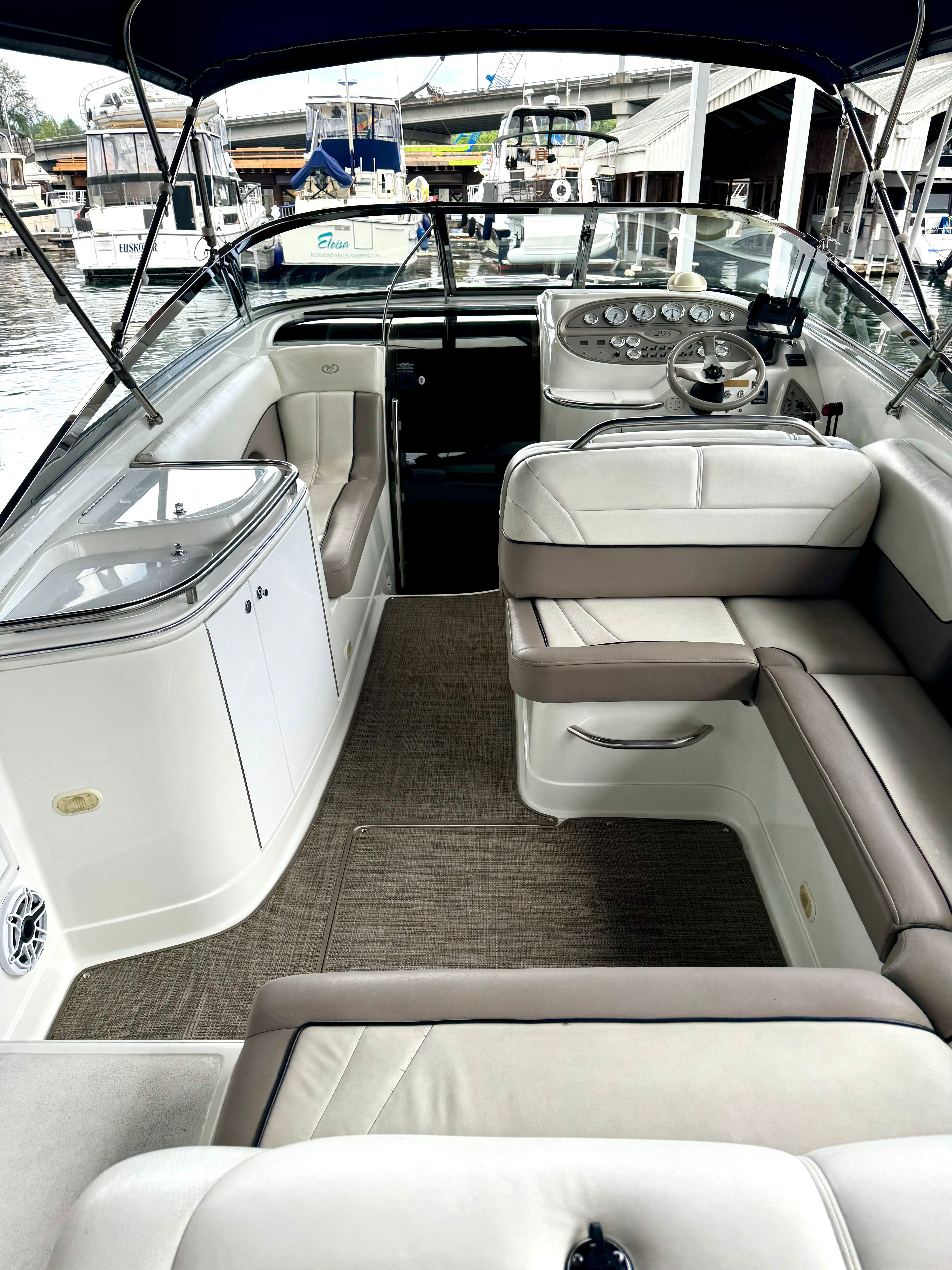 Interior of a 1999 Cobalt 293 boat docked at marina.