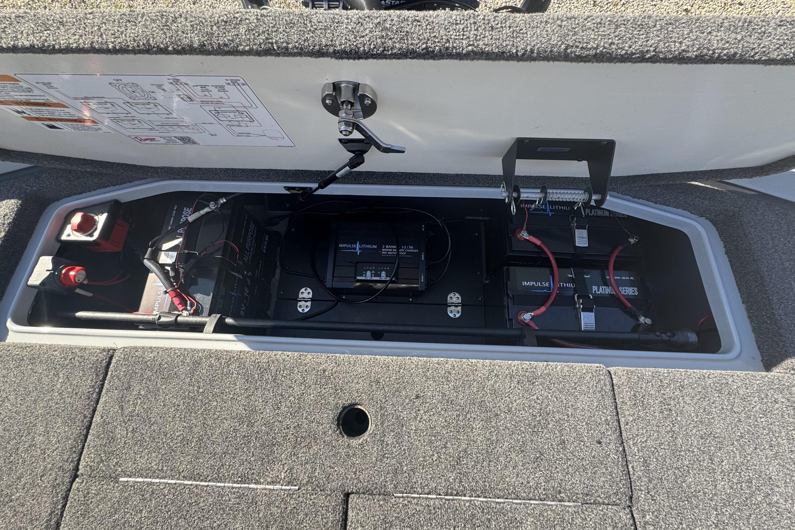 2023 Ranger Z520 boat battery compartment with lithium batteries and wiring setup.
