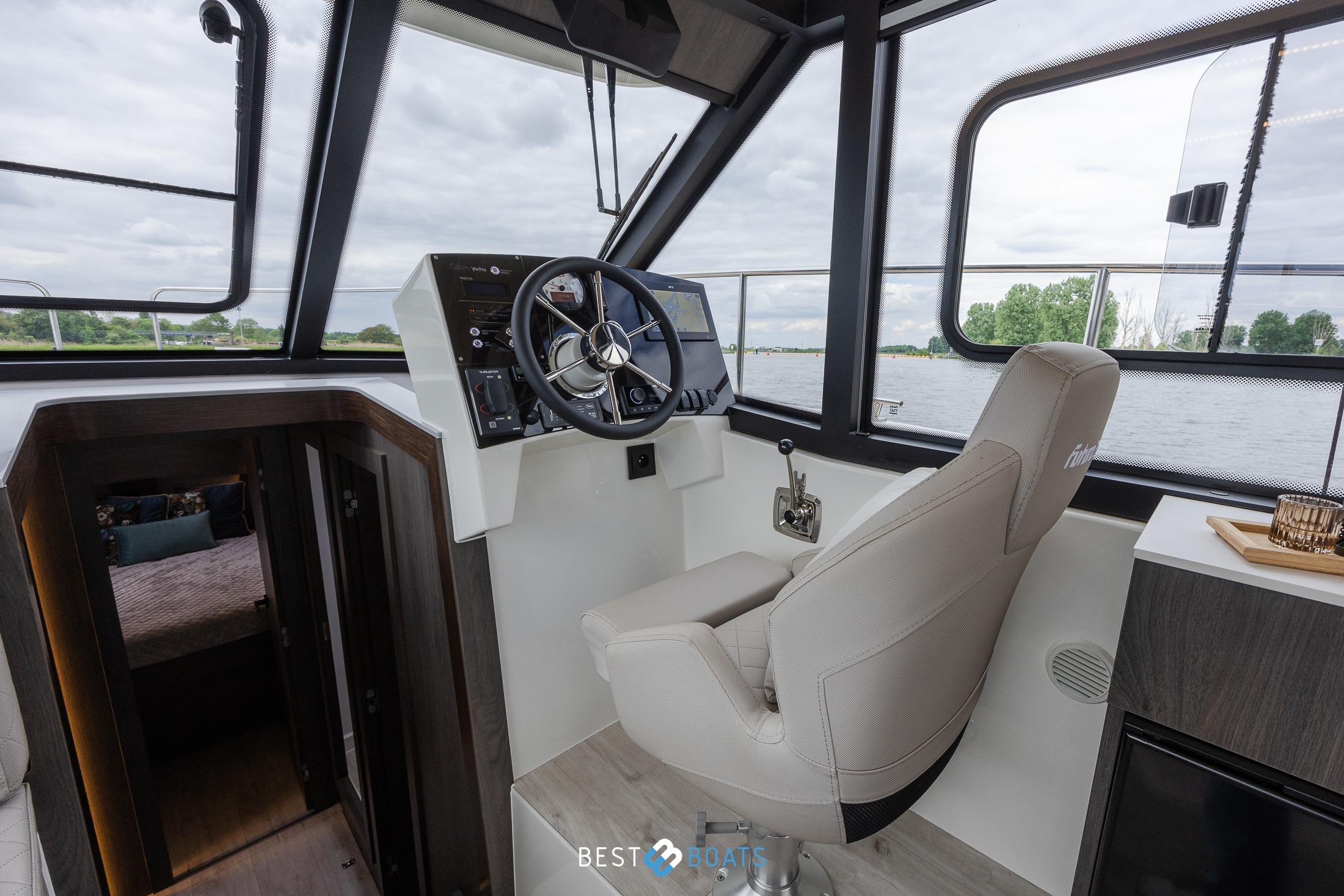 2023 Cobra Yachts Futura 36 Premium Fly helm with modern controls and panoramic windows.