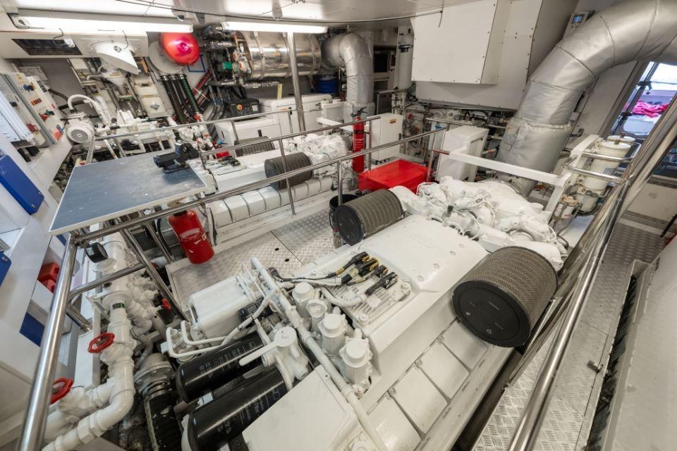 Engine room of 2009 Sunseeker 34 Metre Yacht, showcasing machinery and equipment.