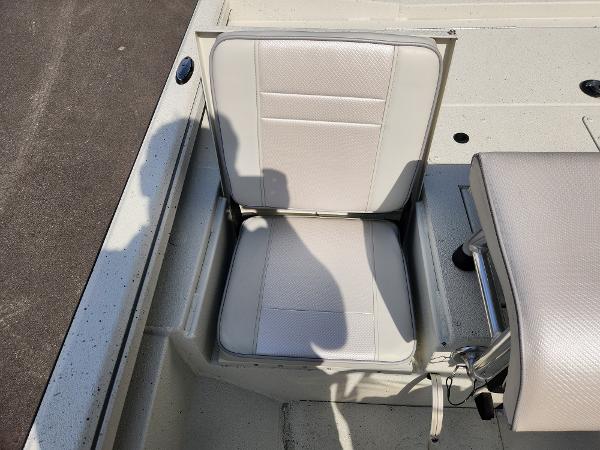 2025 Ranger RB200 boat seat, white upholstery, shadow cast, outdoor setting.