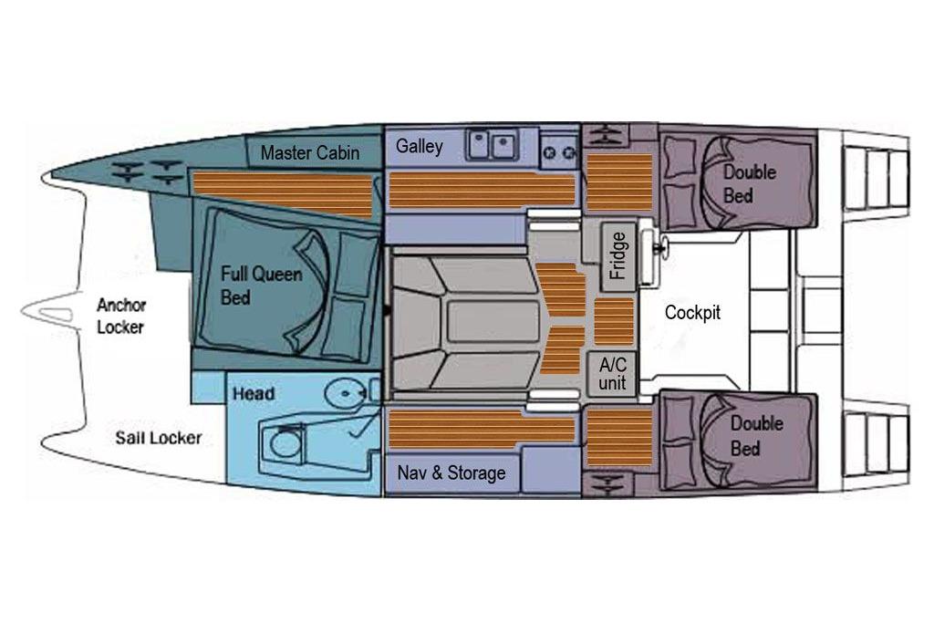 Floor plan of a 2006 Gemini 105 MC catamaran, featuring cabins and amenities.