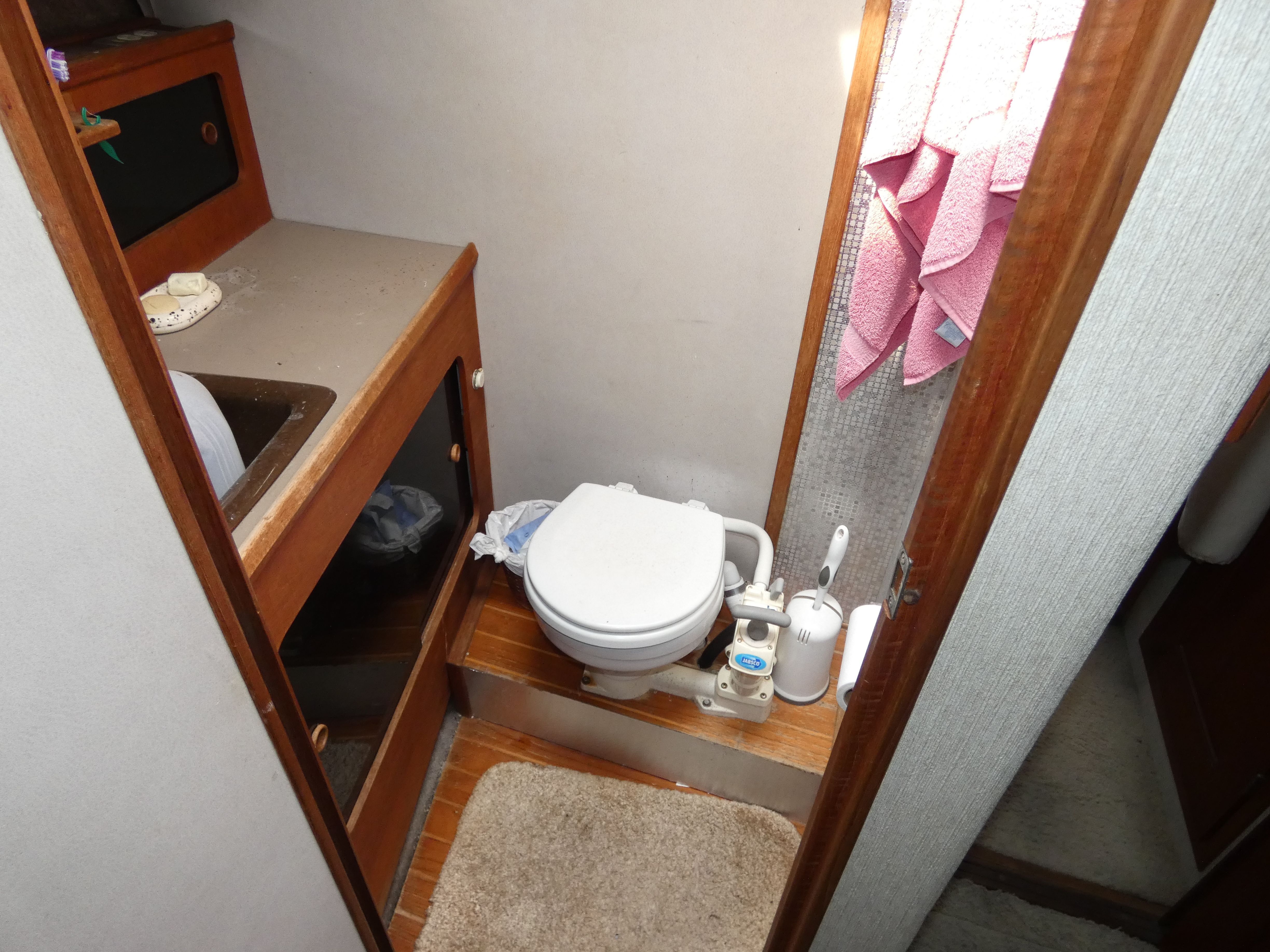 1984 Bayliner 3870 Motoryacht bathroom with toilet and sink.
