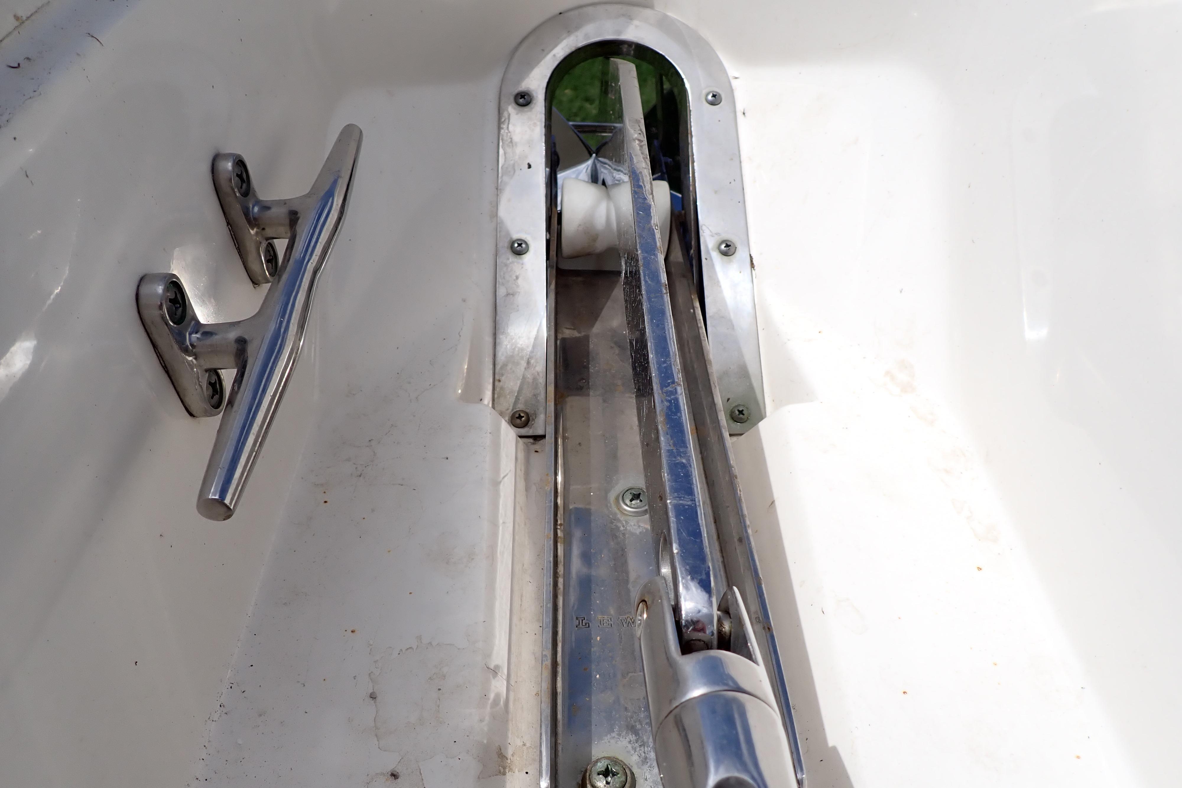 2019 Key West 263 FS boat anchor locker with stainless steel fittings.