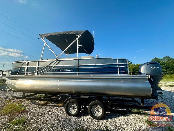 2025 South Bay 224FCR LE pontoon boat with Yamaha engine on trailer.